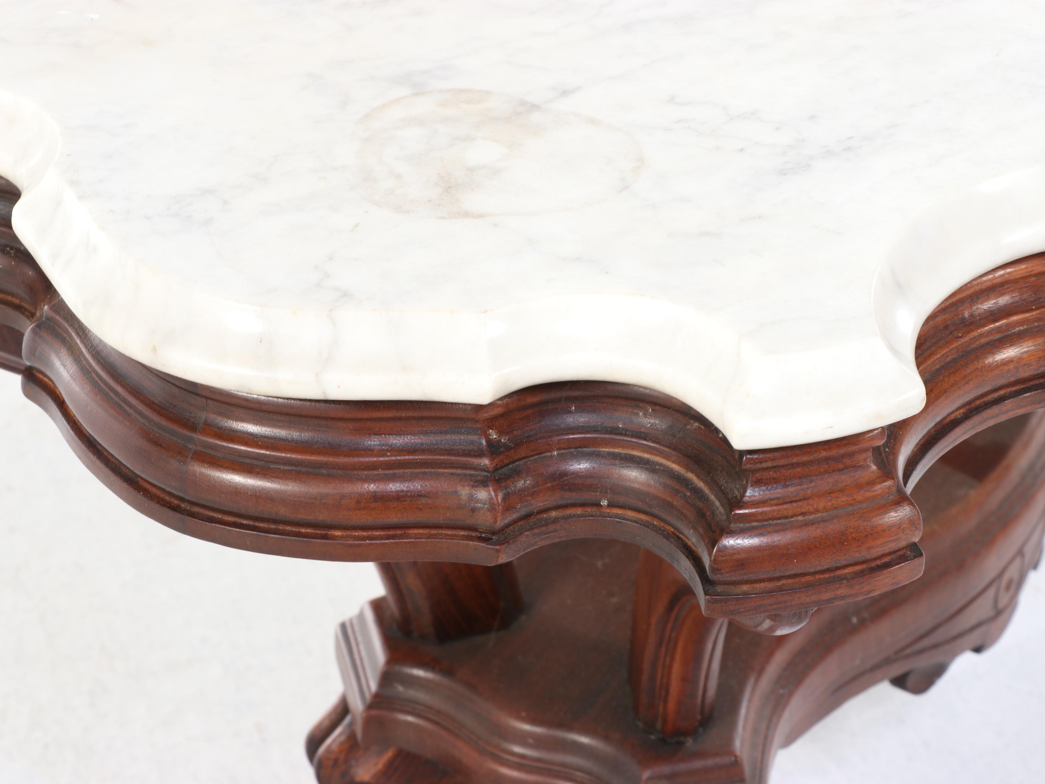 Victorian Carved Walnut and Marble Top Coffee Table with Dog Finial, Circa 1870