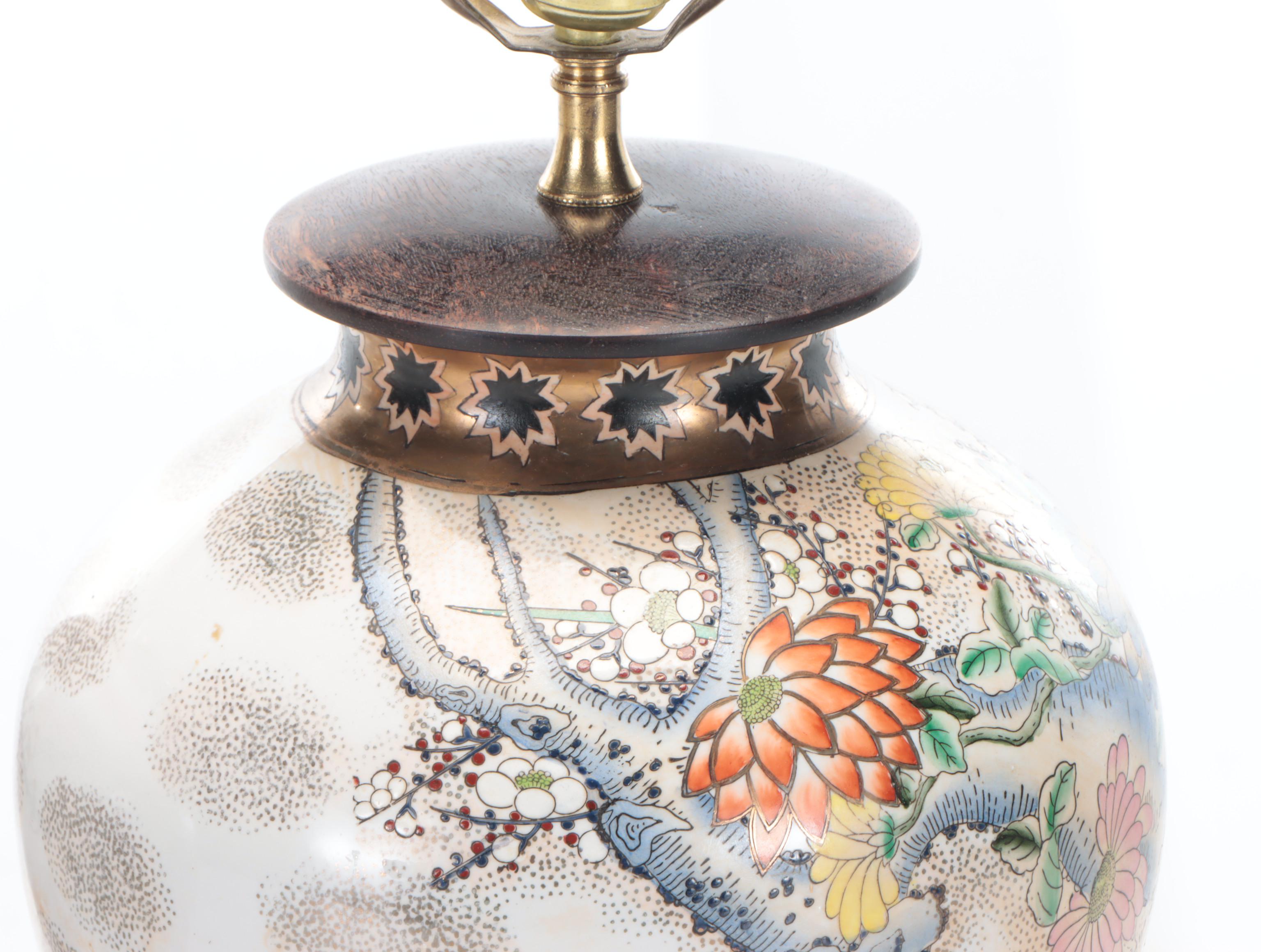 Chinese Hand-Painted Mandarin Duck and Chrysanthemums Porcelain Table Lamps