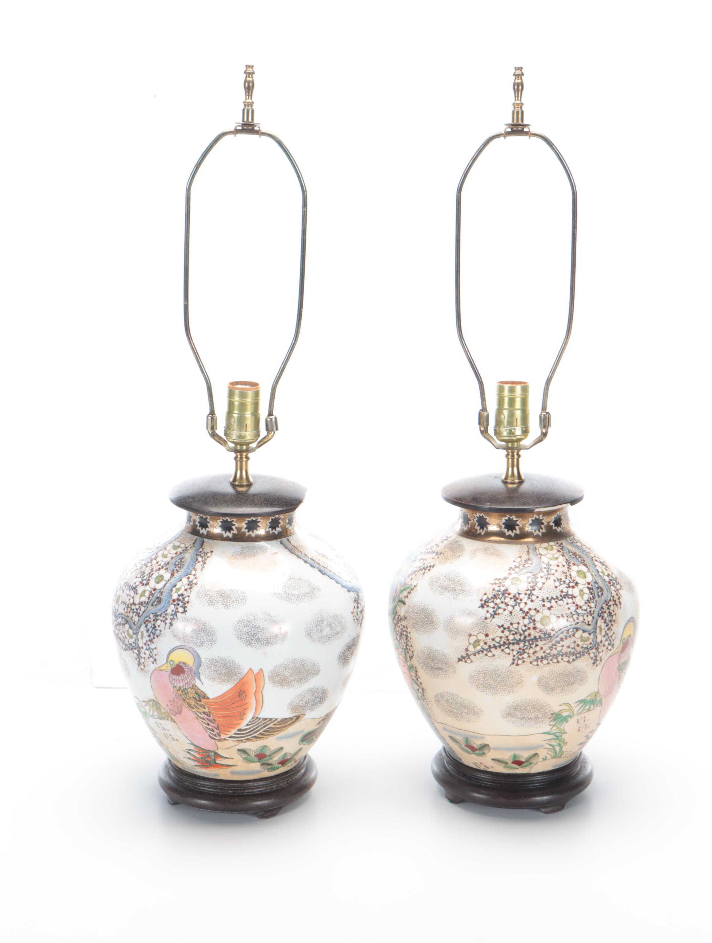 Chinese Hand-Painted Mandarin Duck and Chrysanthemums Porcelain Table Lamps