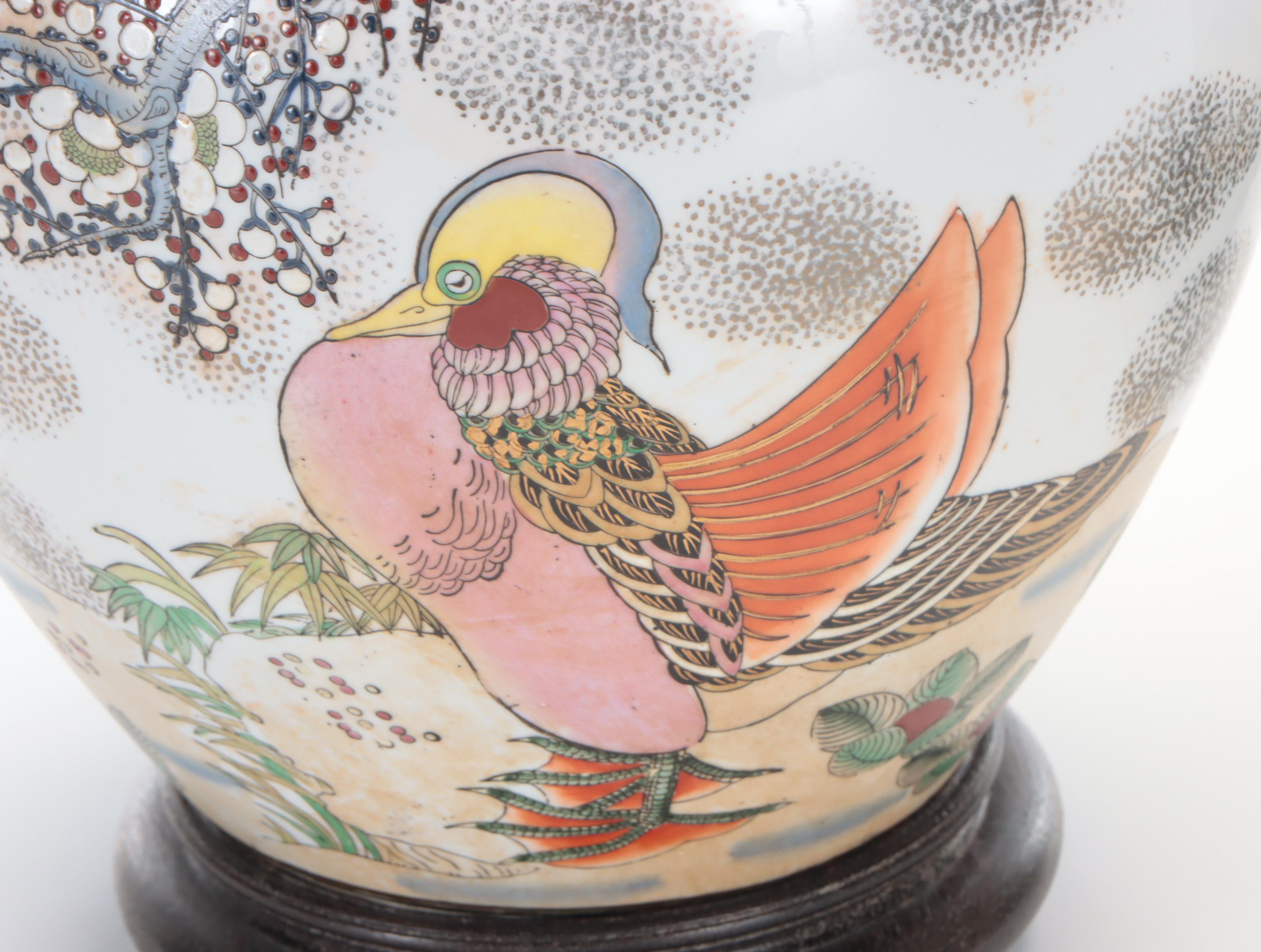 Chinese Hand-Painted Mandarin Duck and Chrysanthemums Porcelain Table Lamps