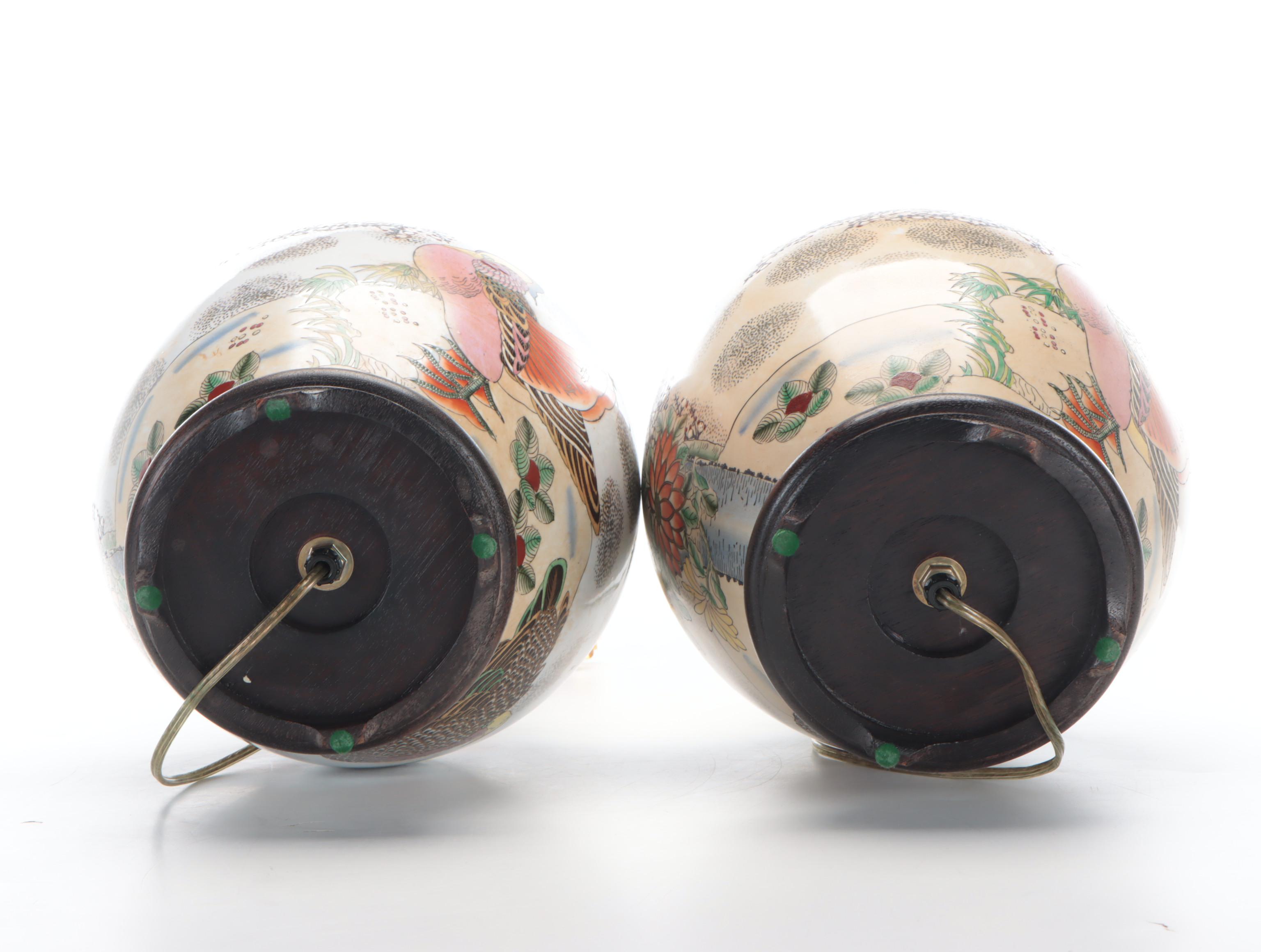 Chinese Hand-Painted Mandarin Duck and Chrysanthemums Porcelain Table Lamps