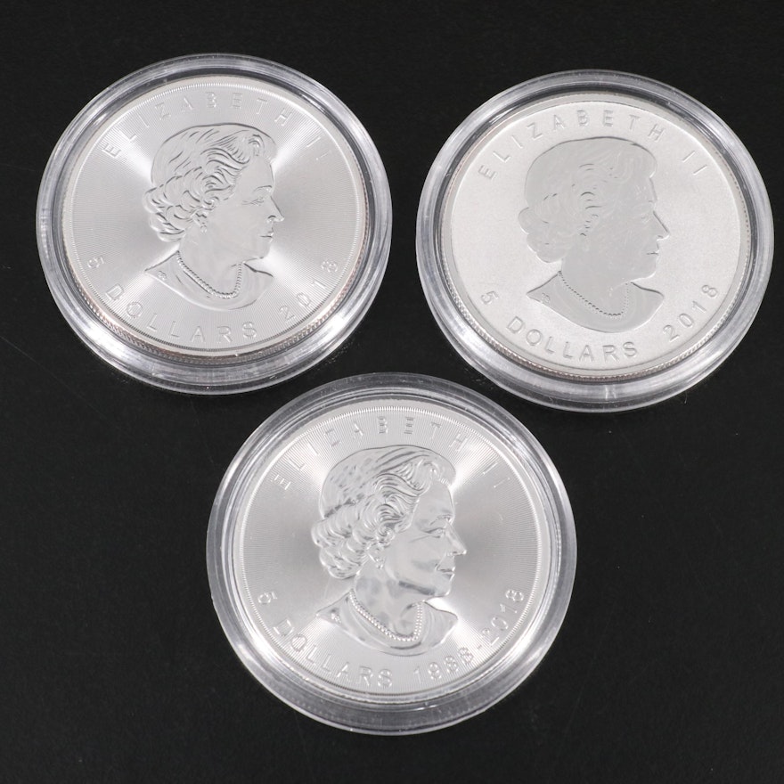Three Canada Maple Leaf Five Dollar Proof Silver Coins