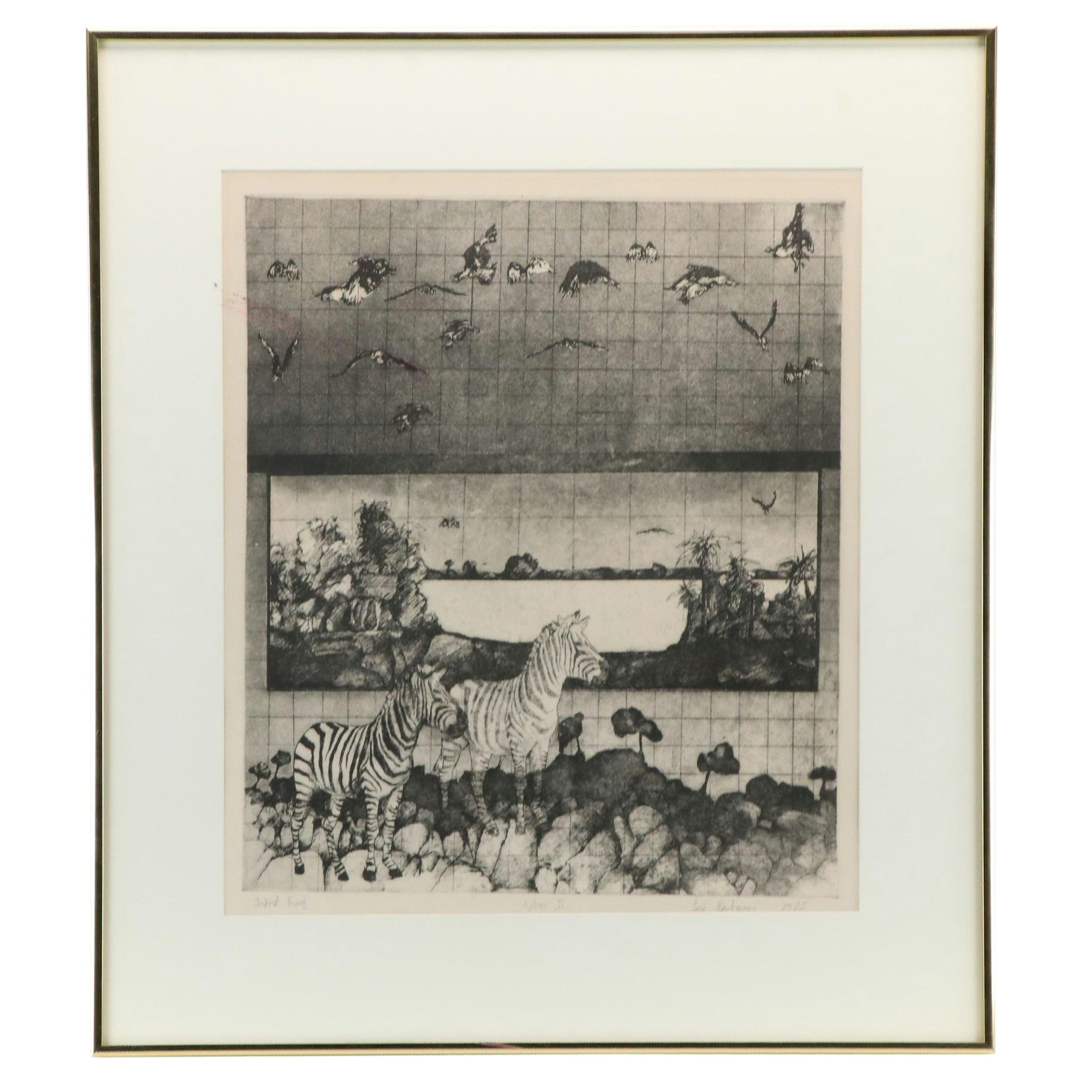 Lori Bartman Etching "Zebras II," 1975