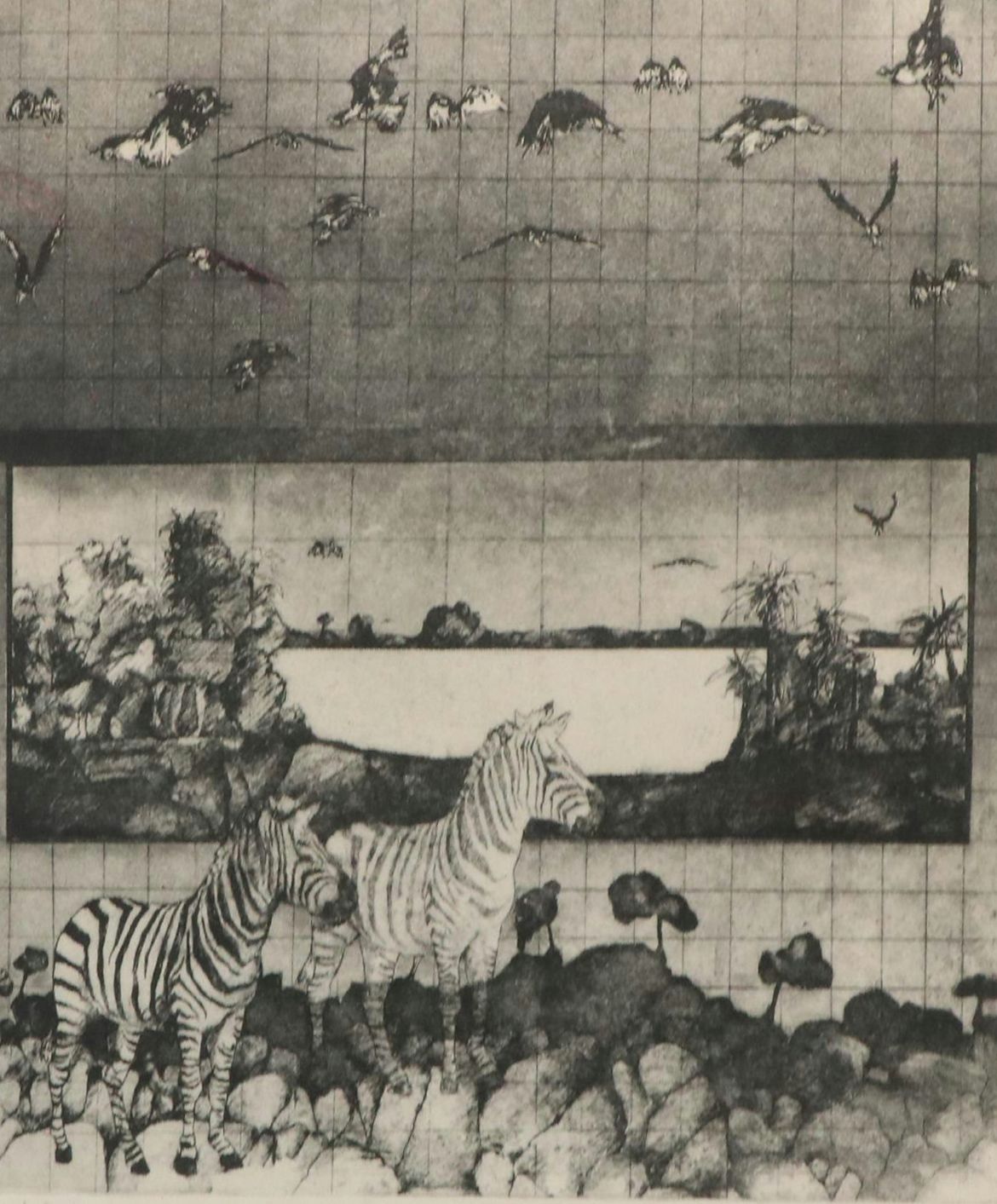 Lori Bartman Etching "Zebras II," 1975