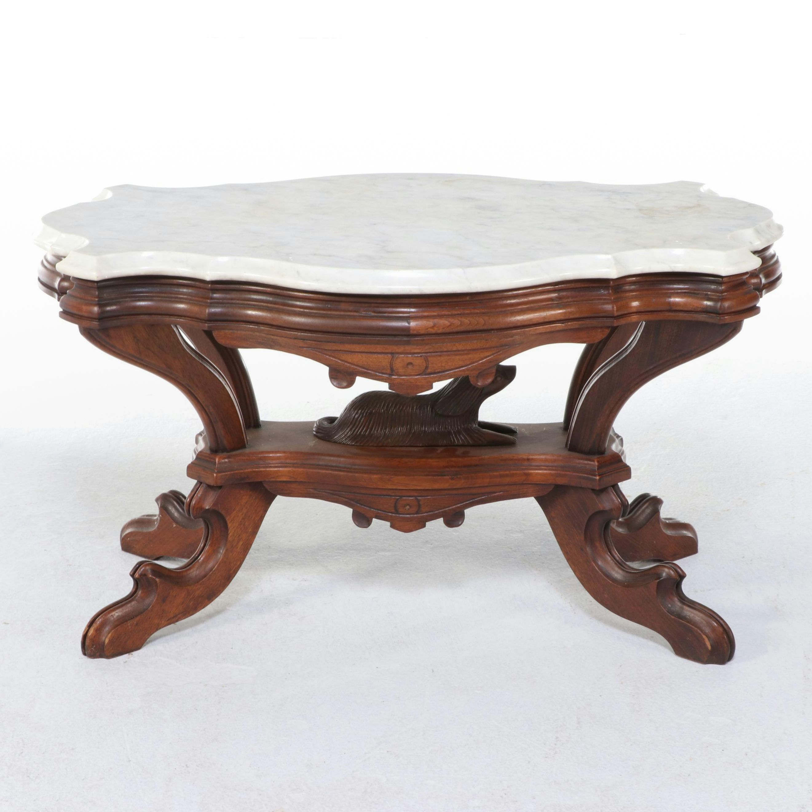 Victorian Carved Walnut and Marble Top Coffee Table with Dog Finial, Circa 1870