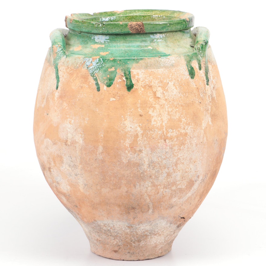 French Green Glaze Terracotta Jar or Confit Pot, 19th Century