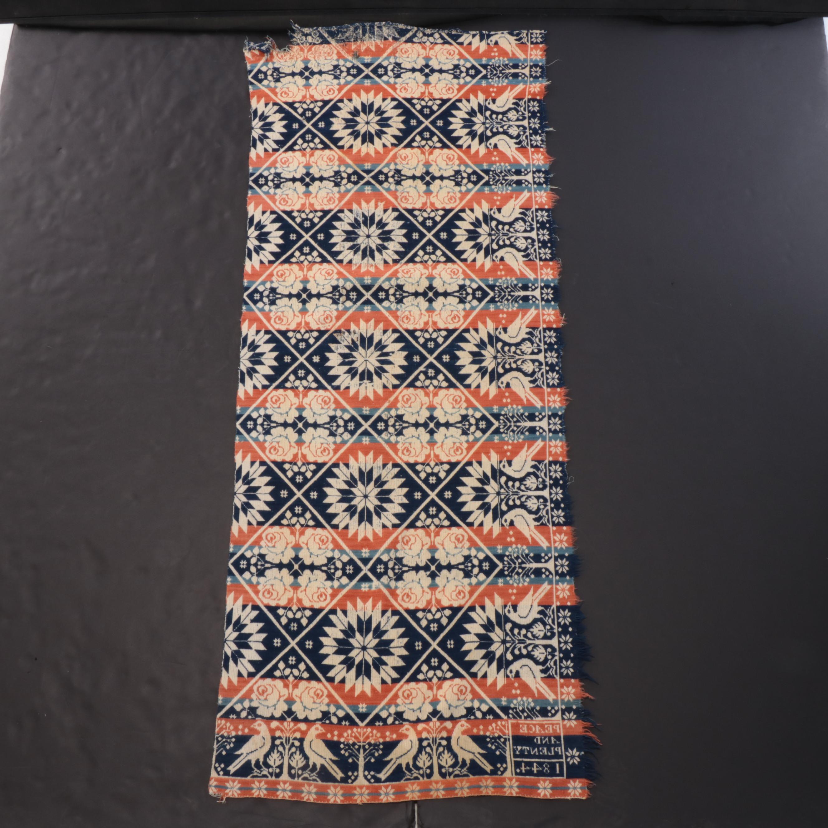 1844 American Jacquard Loomed Figured and Fancy Coverlet Half Panel