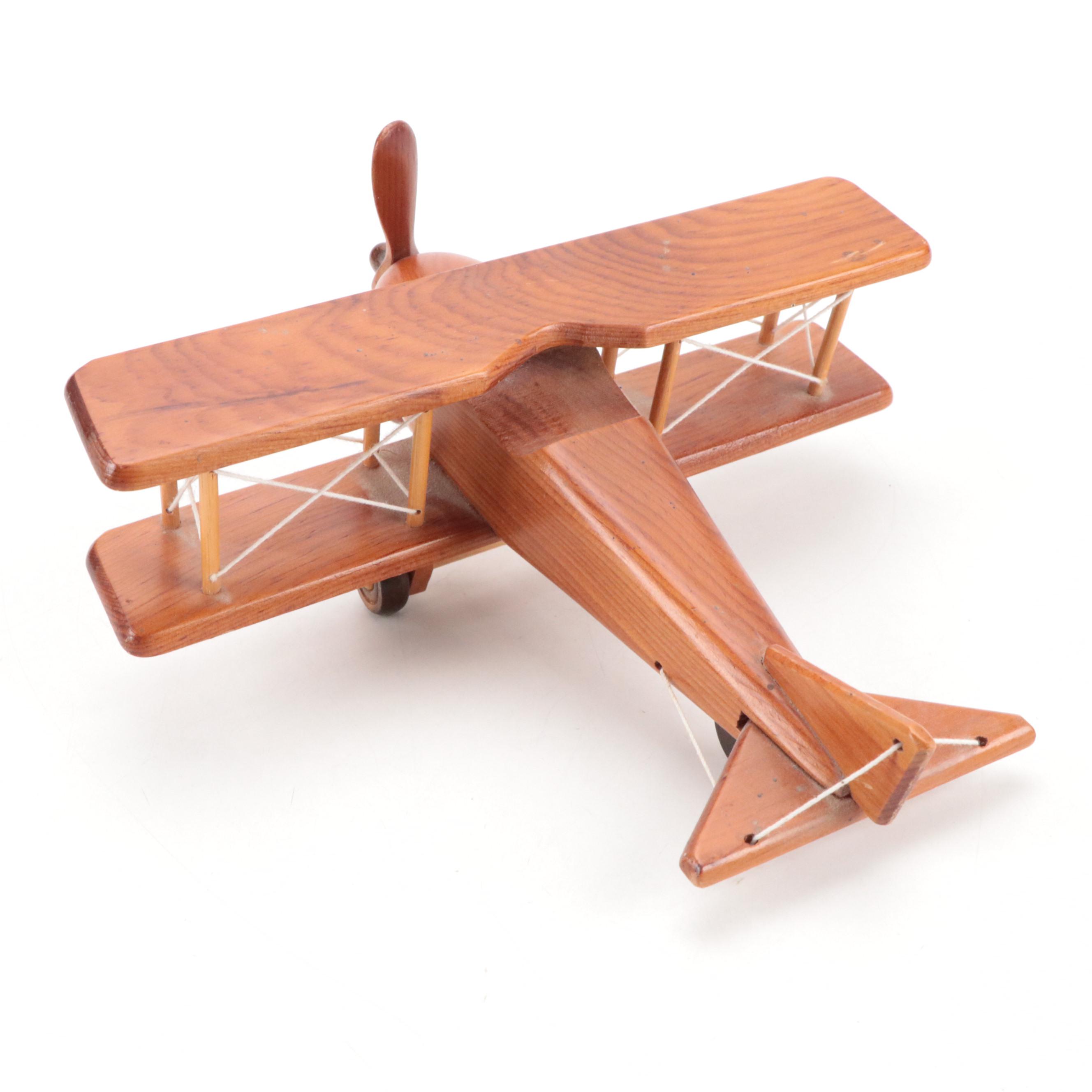 Hand-Carved Wooden Pine Box Derby Cars with Toy Biplane, Coca-Cola Plaque