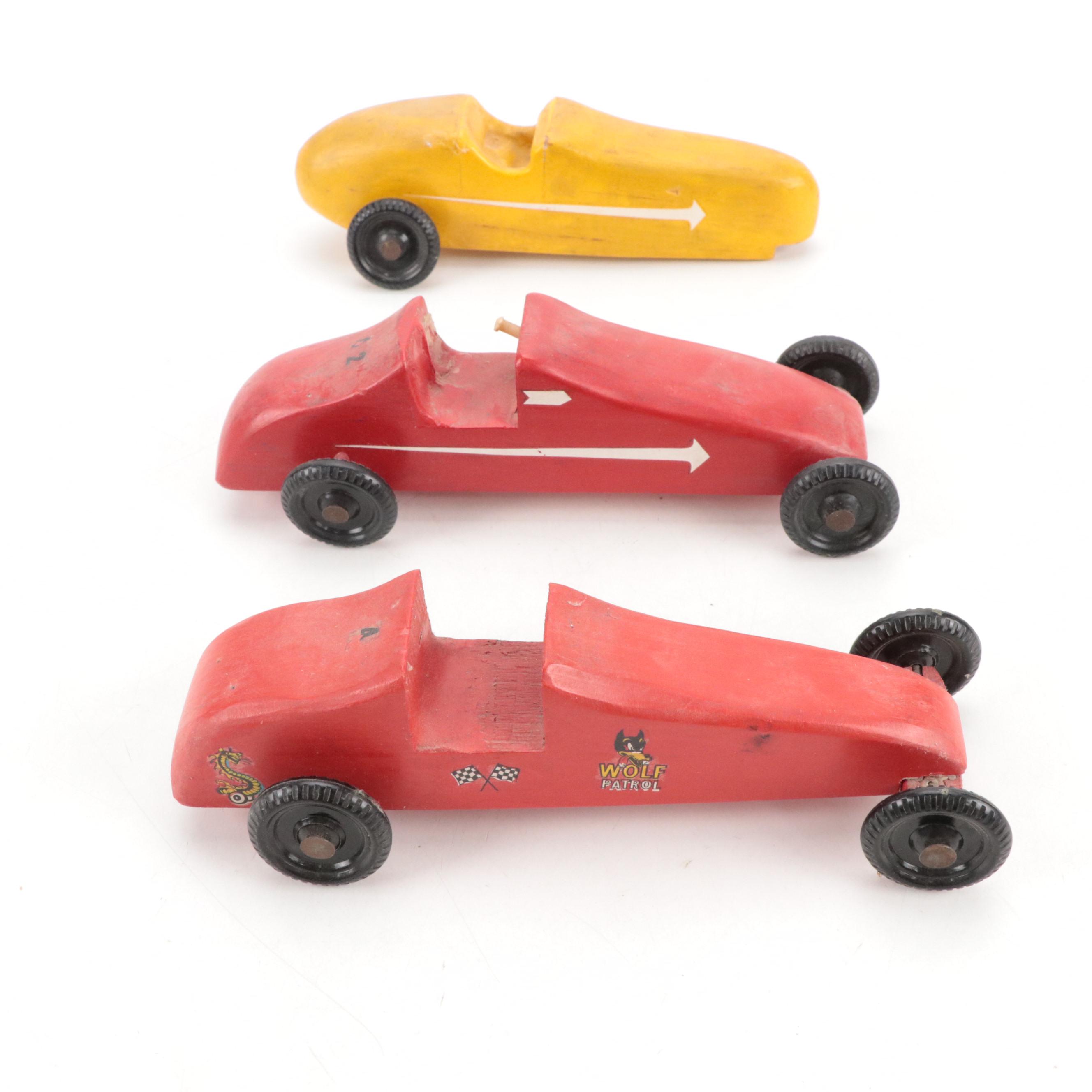 Hand-Carved Wooden Pine Box Derby Cars with Toy Biplane, Coca-Cola Plaque