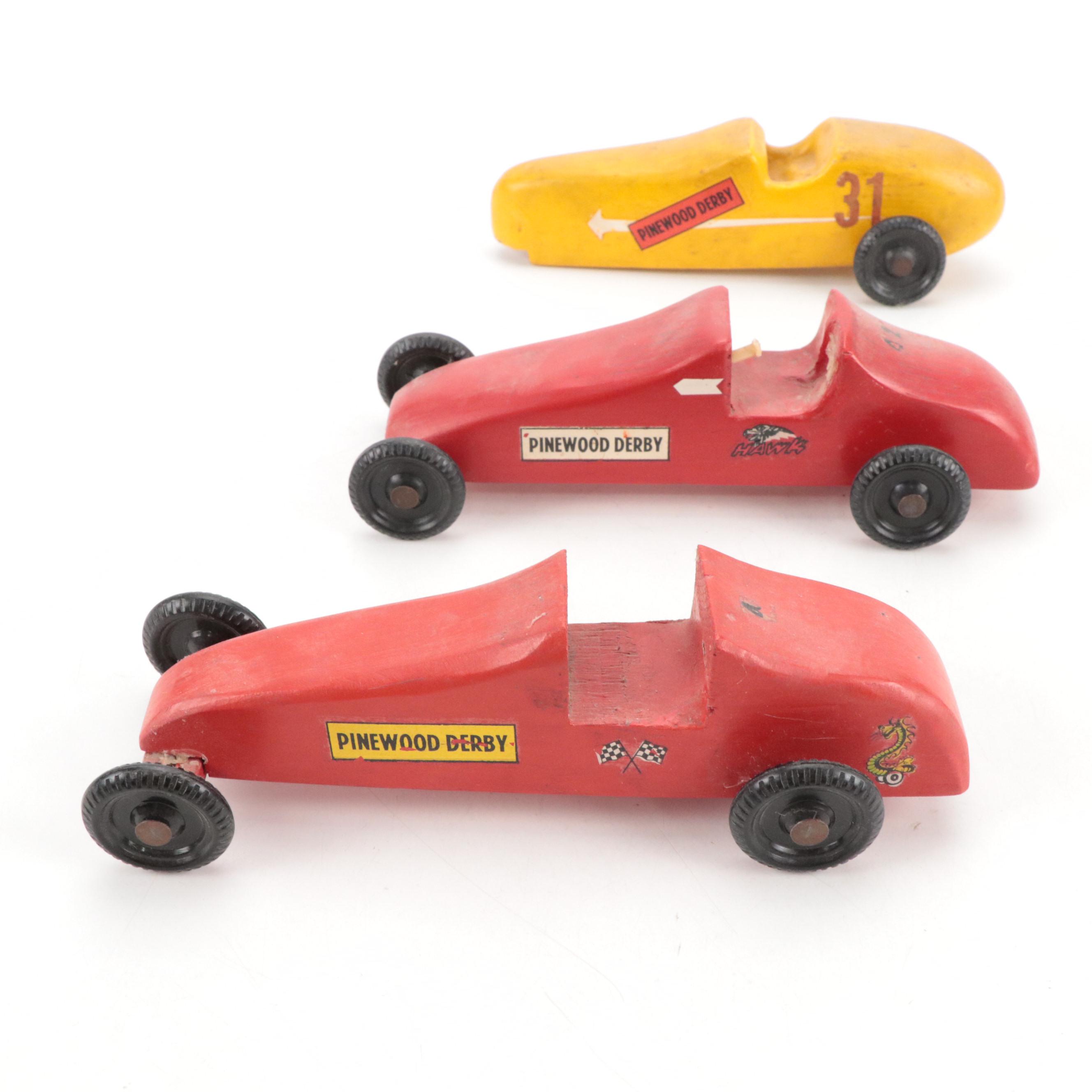 Hand-Carved Wooden Pine Box Derby Cars with Toy Biplane, Coca-Cola Plaque