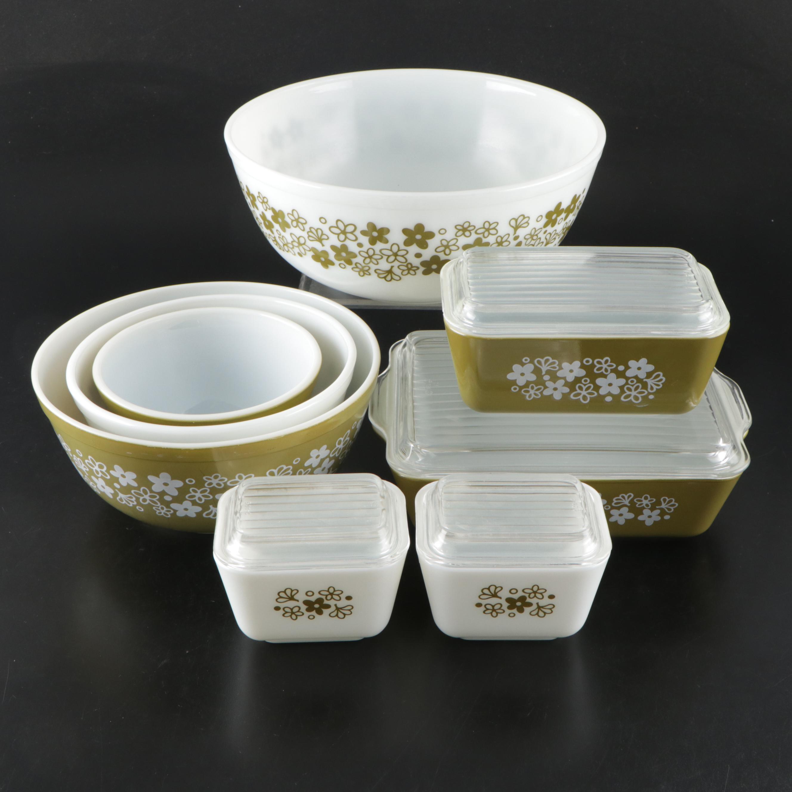 Vintage Pyrex Green "Crazy Daisy" Refrigerator Dish Set and Mixing Bowls