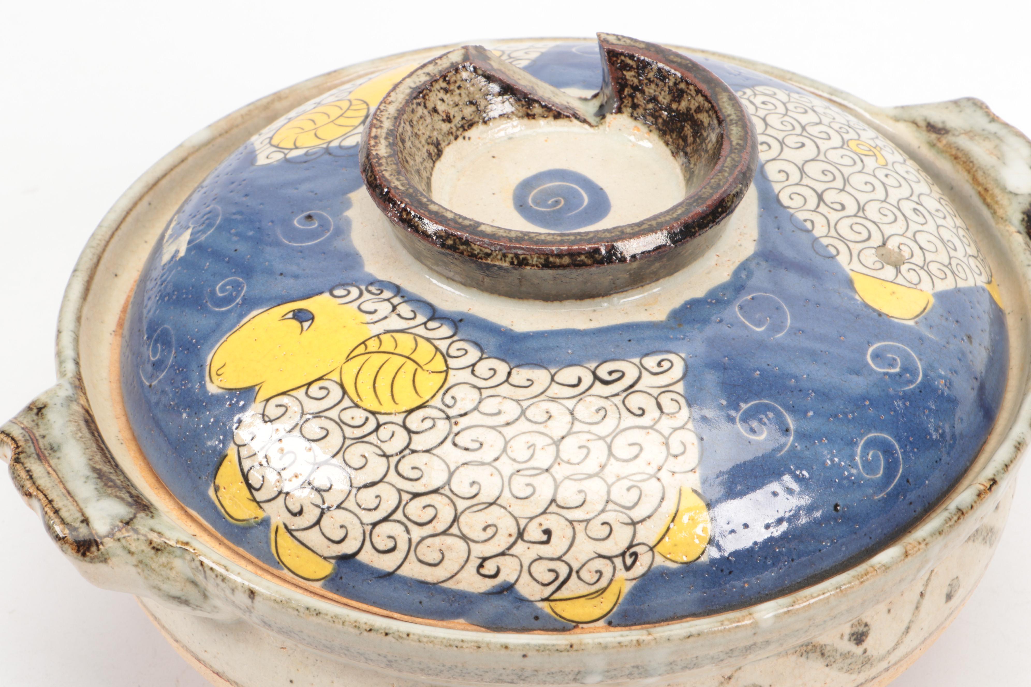 Japanese Sanyo Hand-Painted Stoneware Lidded Dish
