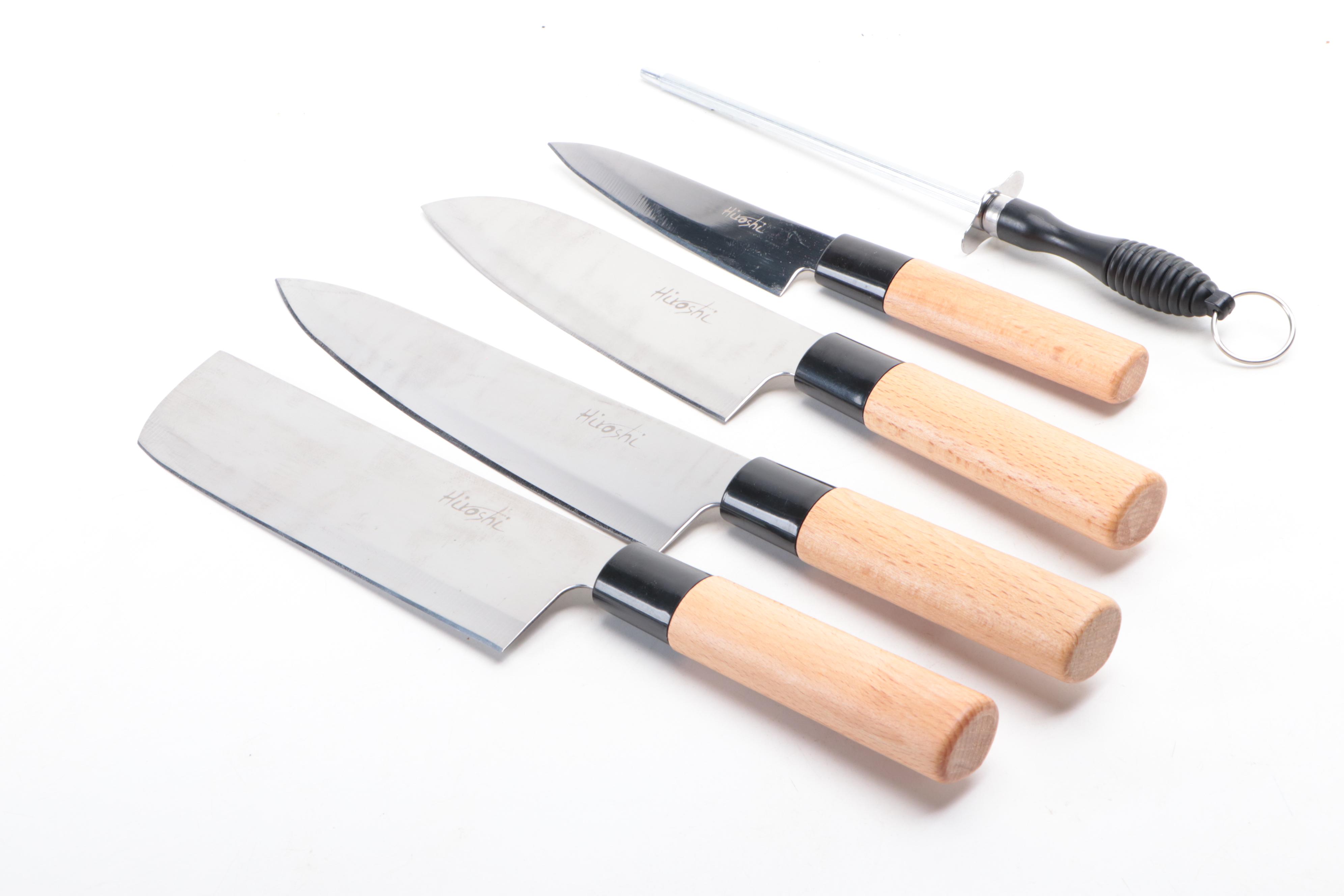 Hiroshi Steel and Wooden Handled Chef Knife Set with Canvas Roll