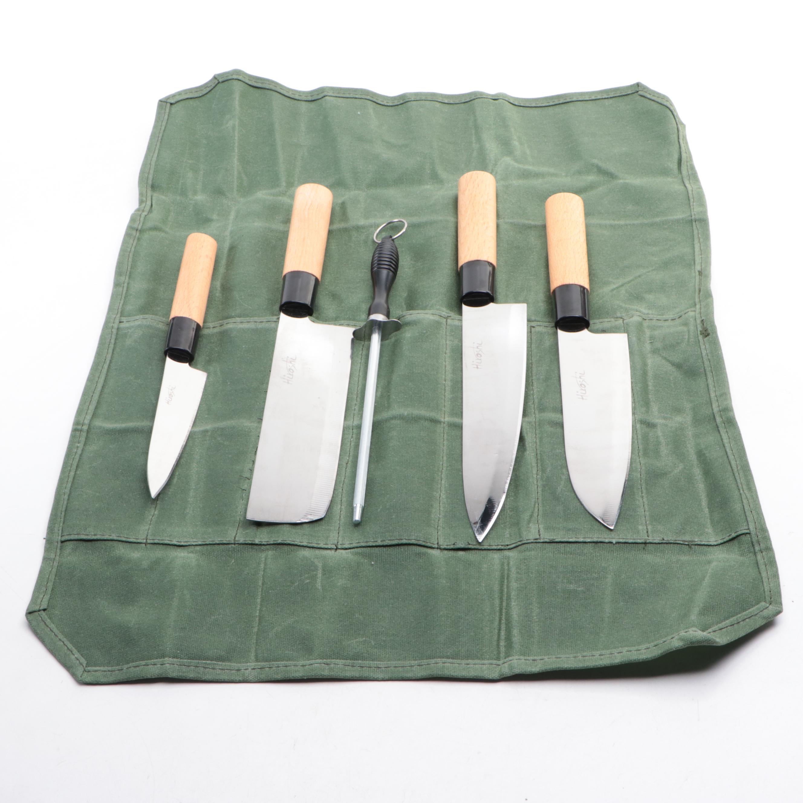 Hiroshi Steel and Wooden Handled Chef Knife Set with Canvas Roll