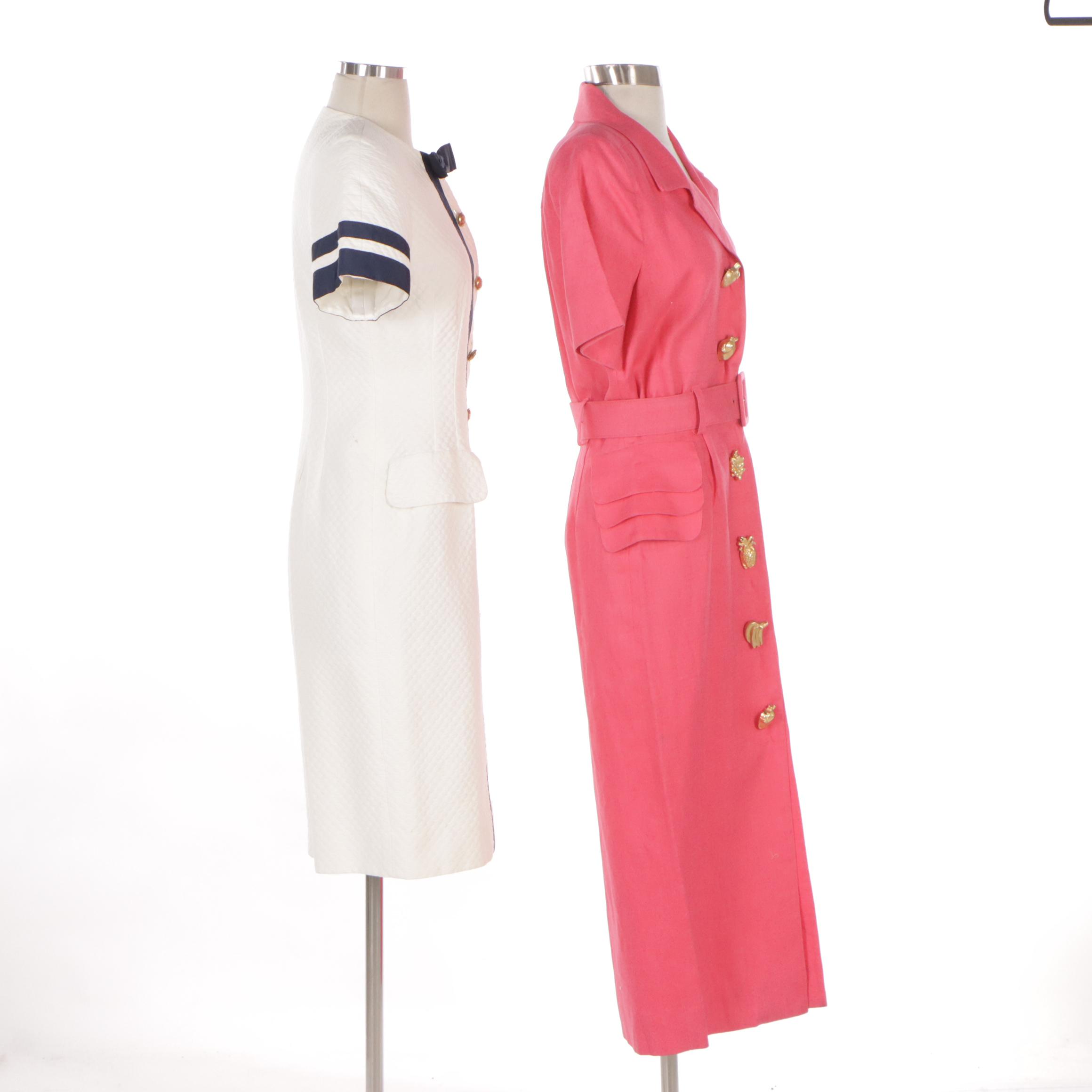 Nipon Boutique Button Front Midi Pencil Dresses in Pink Linen and White Cotton