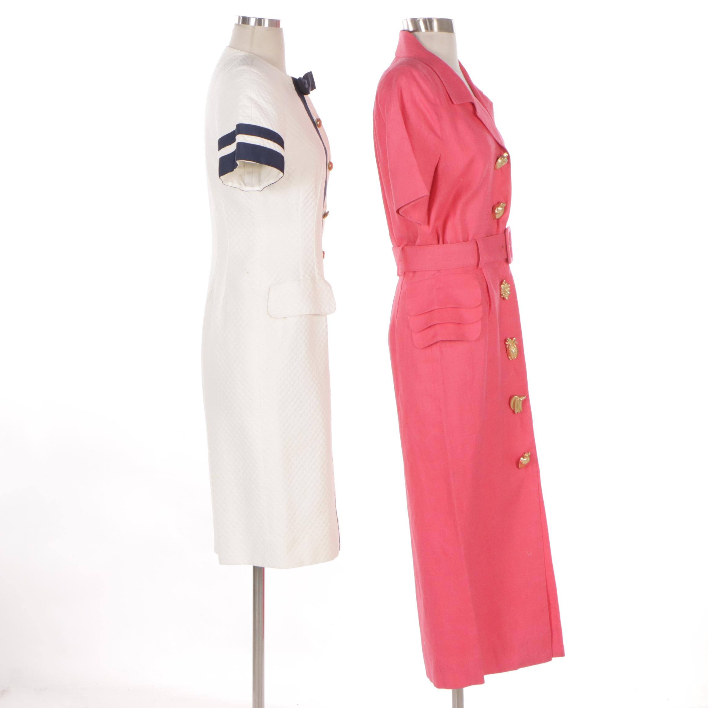 Nipon Boutique Button Front Midi Pencil Dresses in Pink Linen and White Cotton