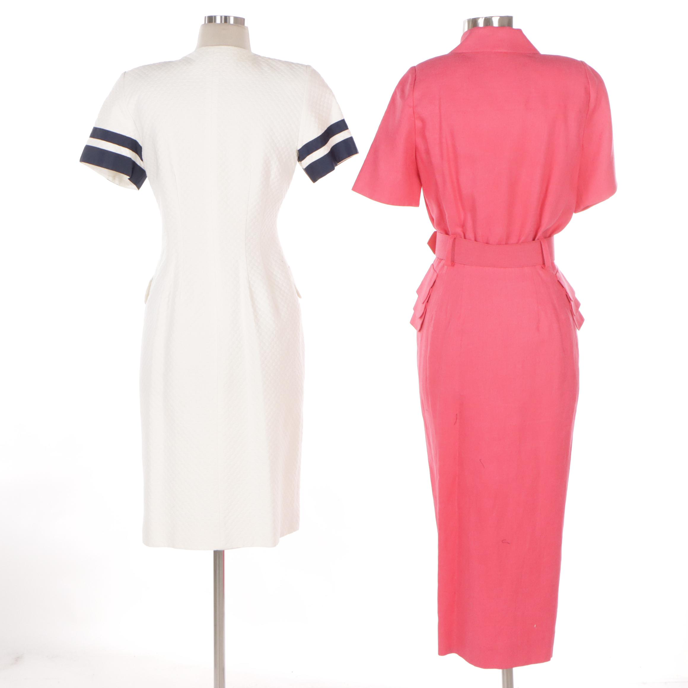Nipon Boutique Button Front Midi Pencil Dresses in Pink Linen and White Cotton