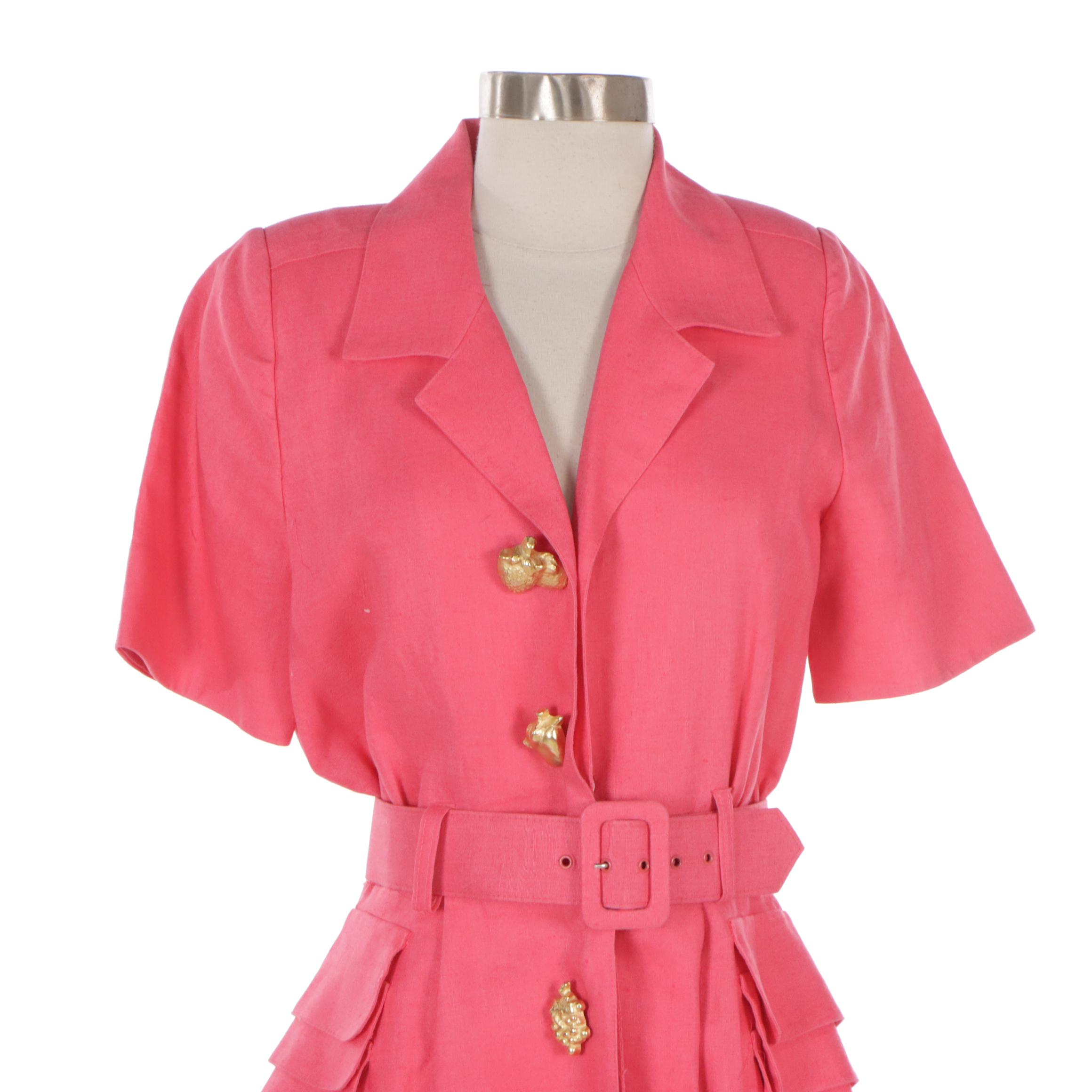 Nipon Boutique Button Front Midi Pencil Dresses in Pink Linen and White Cotton