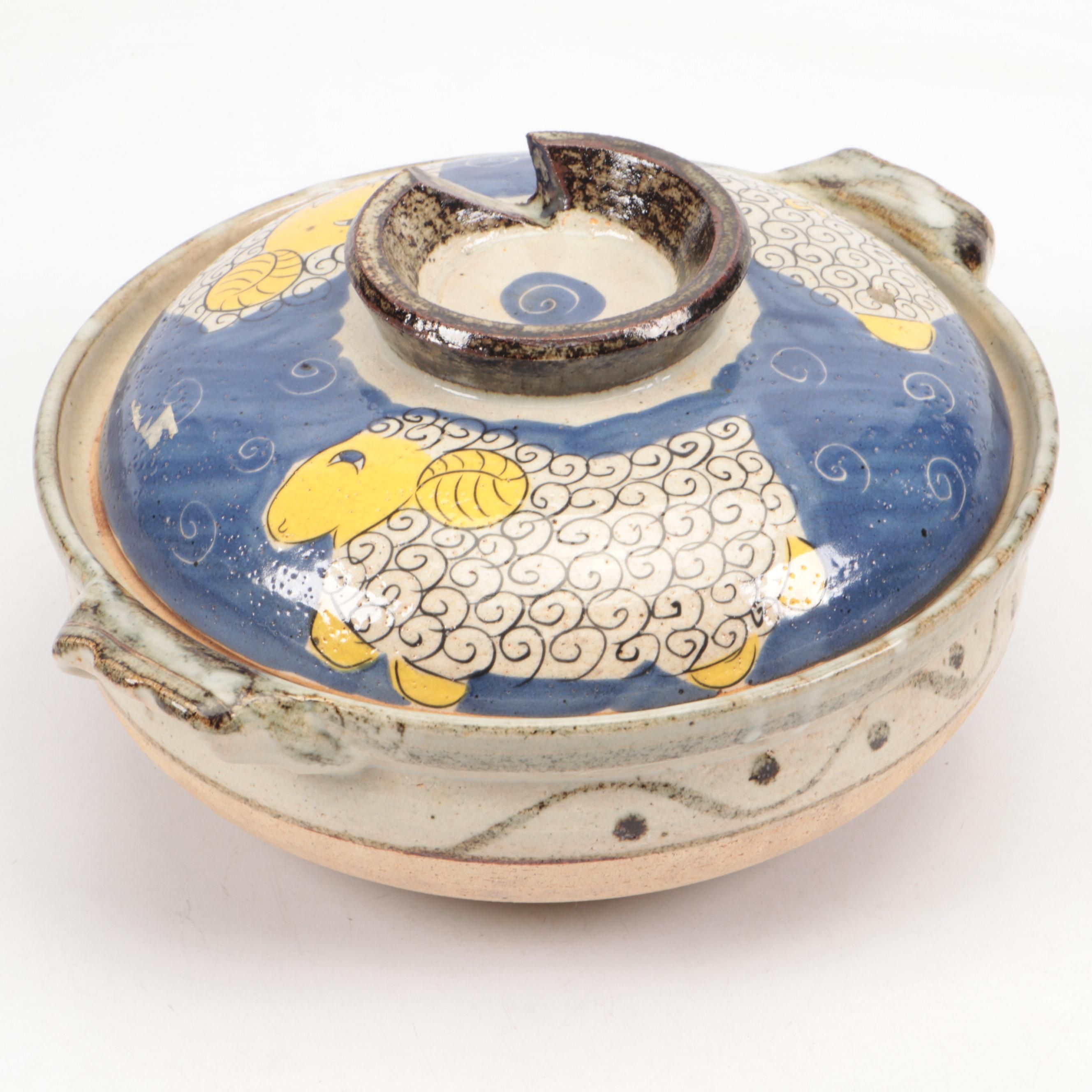 Japanese Sanyo Hand-Painted Stoneware Lidded Dish