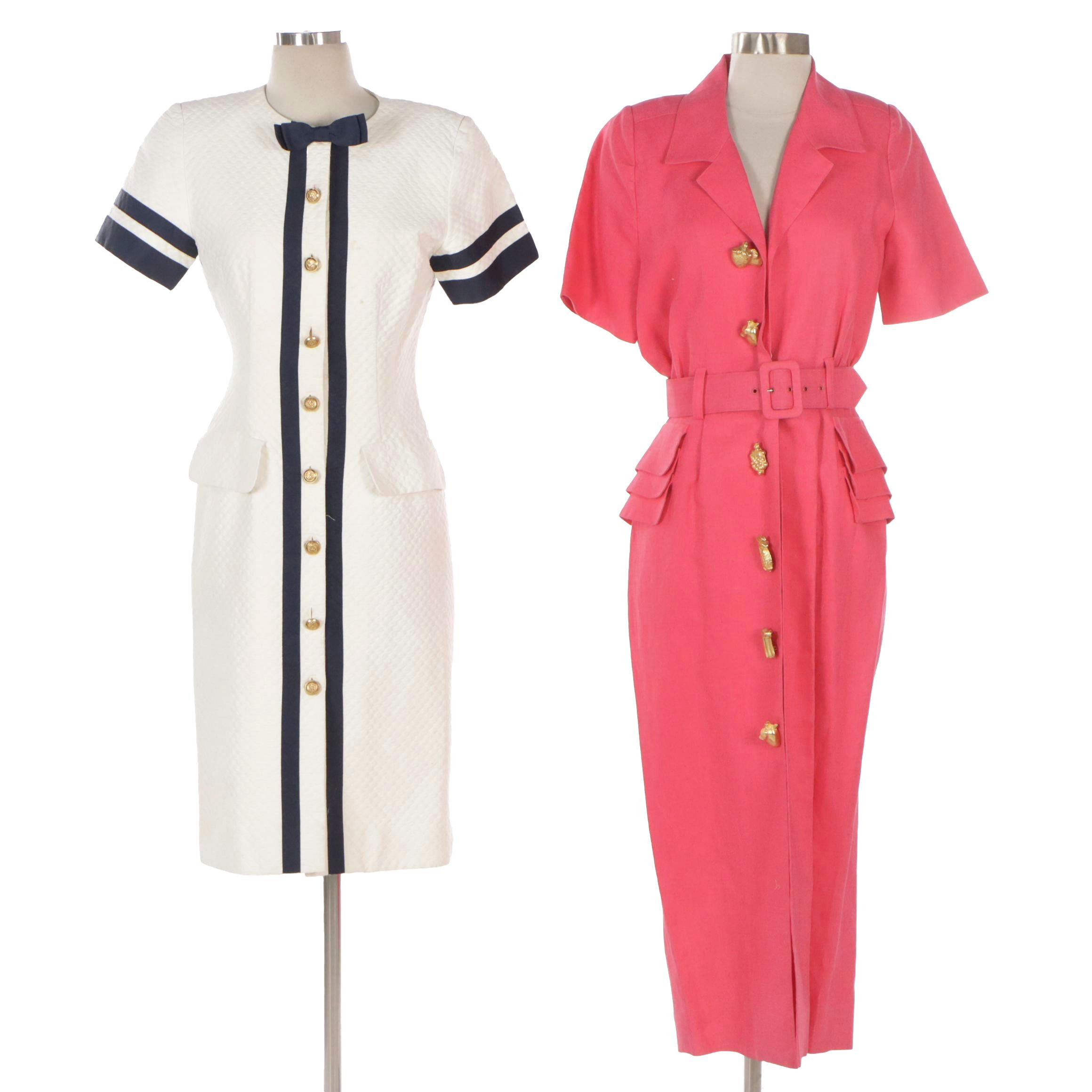 Nipon Boutique Button Front Midi Pencil Dresses in Pink Linen and White Cotton