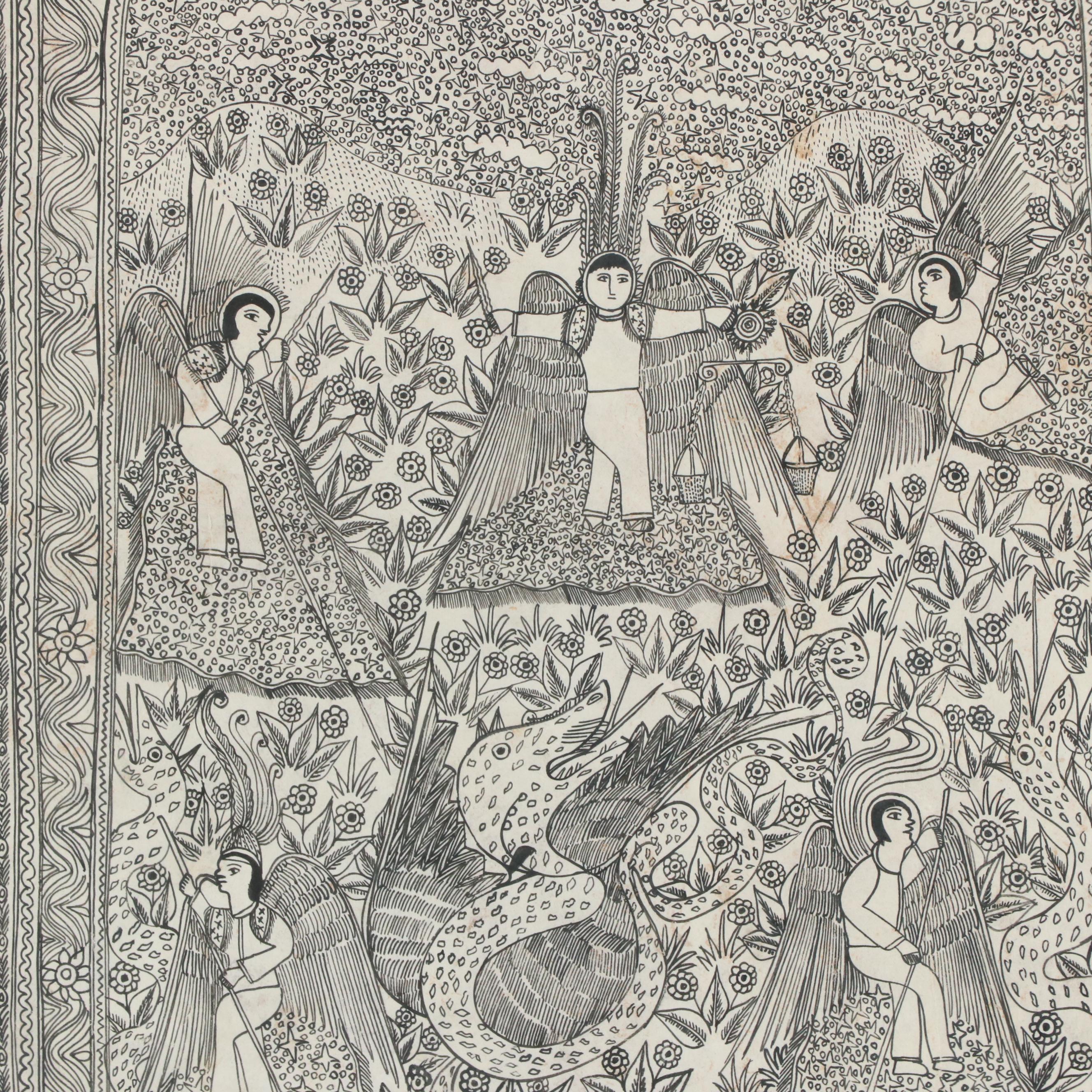 Emilio De La Rosa Allegorical Amate Bark Painting of Serpents and Angels