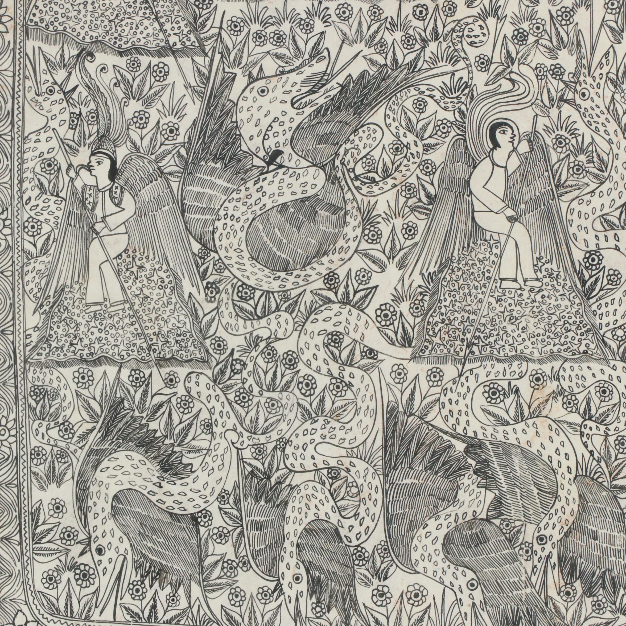 Emilio De La Rosa Allegorical Amate Bark Painting of Serpents and Angels