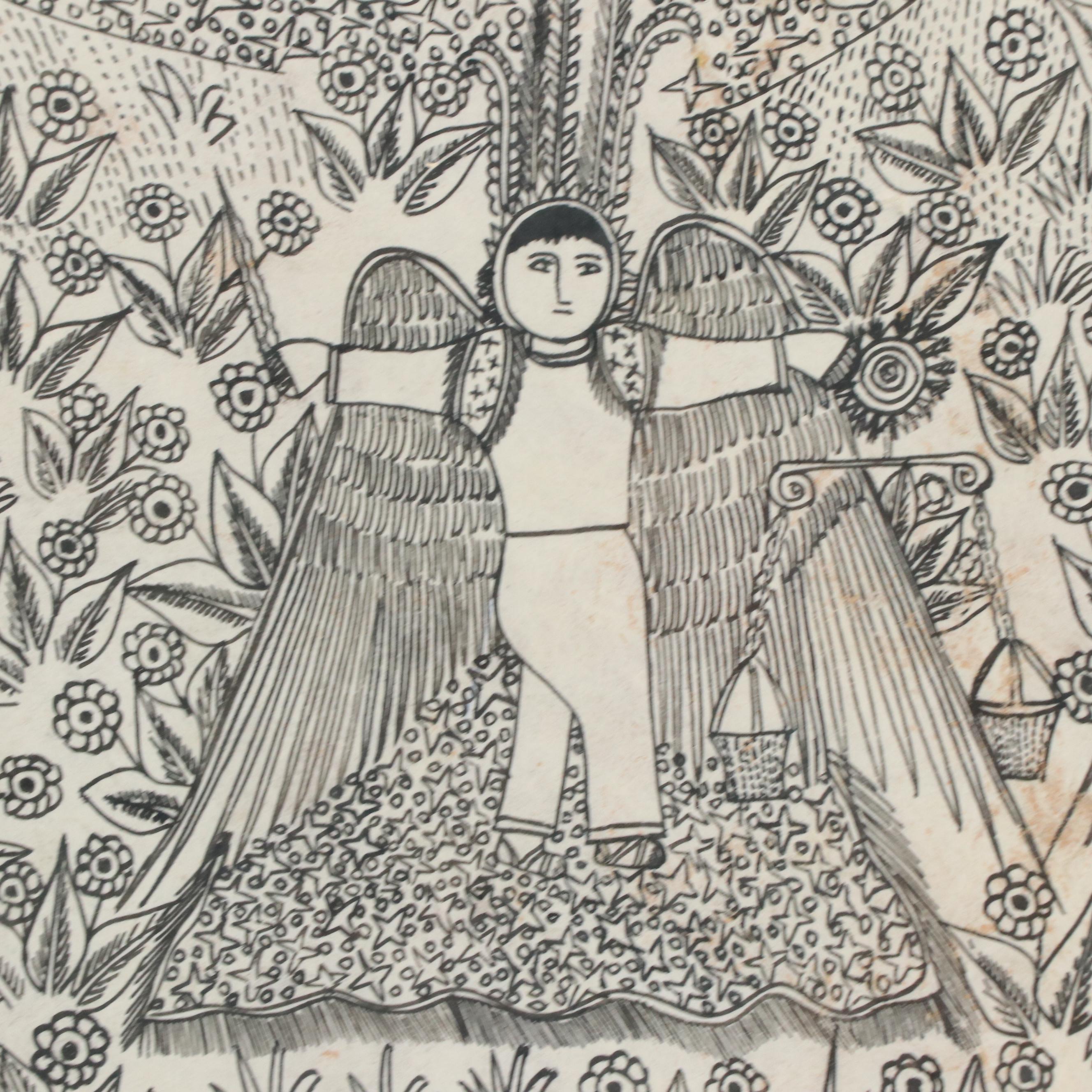 Emilio De La Rosa Allegorical Amate Bark Painting of Serpents and Angels