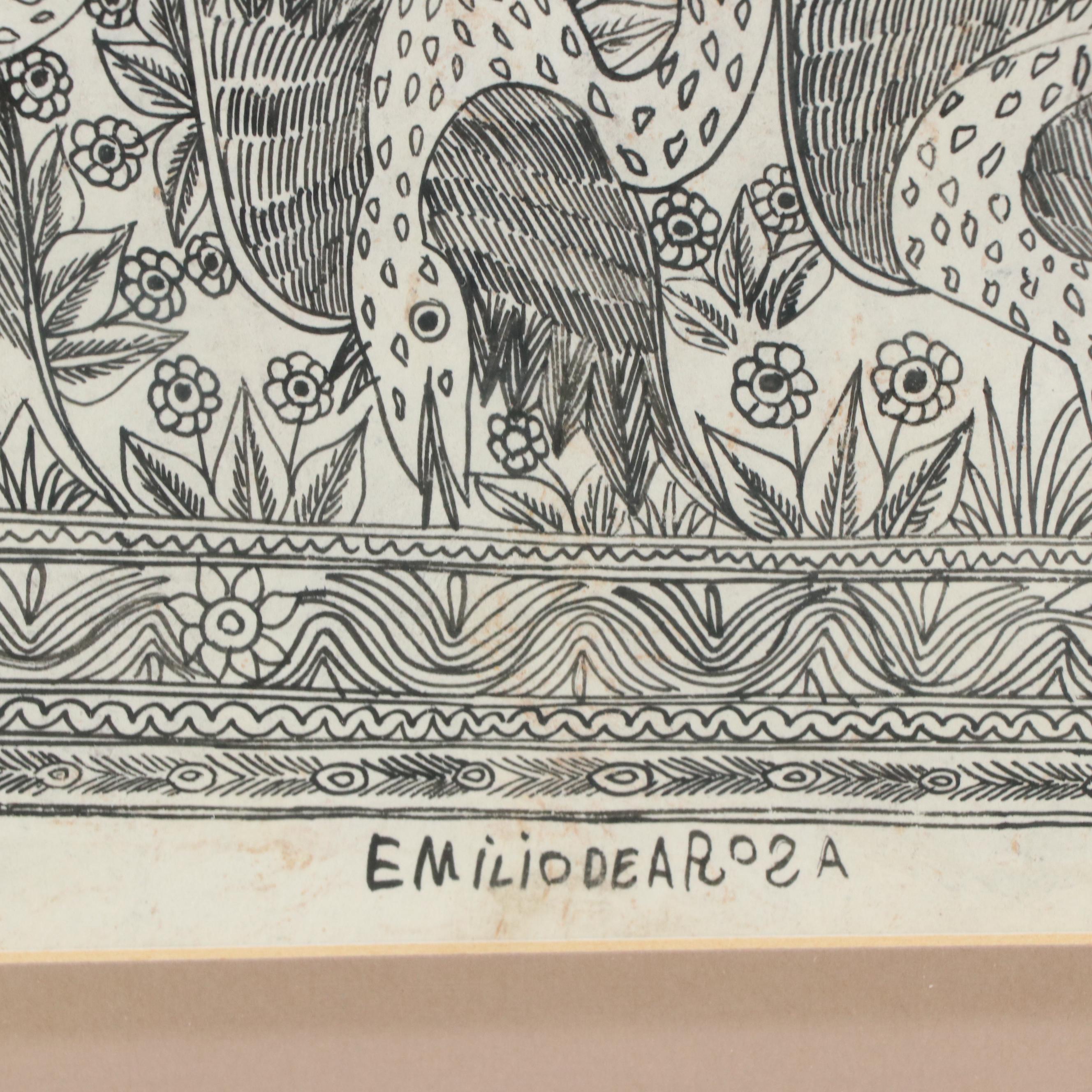 Emilio De La Rosa Allegorical Amate Bark Painting of Serpents and Angels