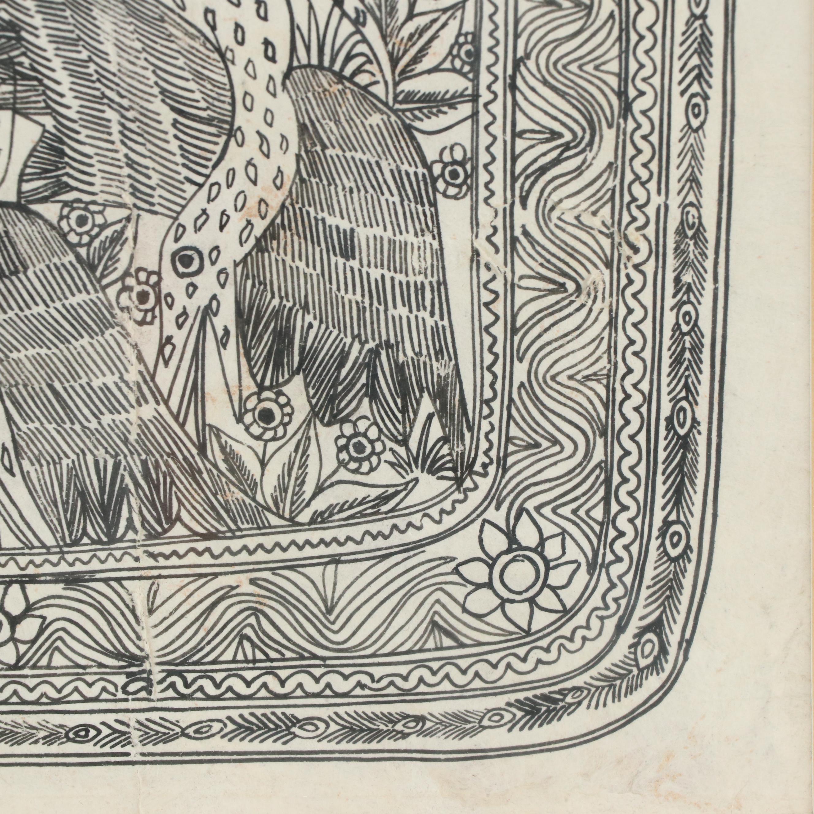 Emilio De La Rosa Allegorical Amate Bark Painting of Serpents and Angels