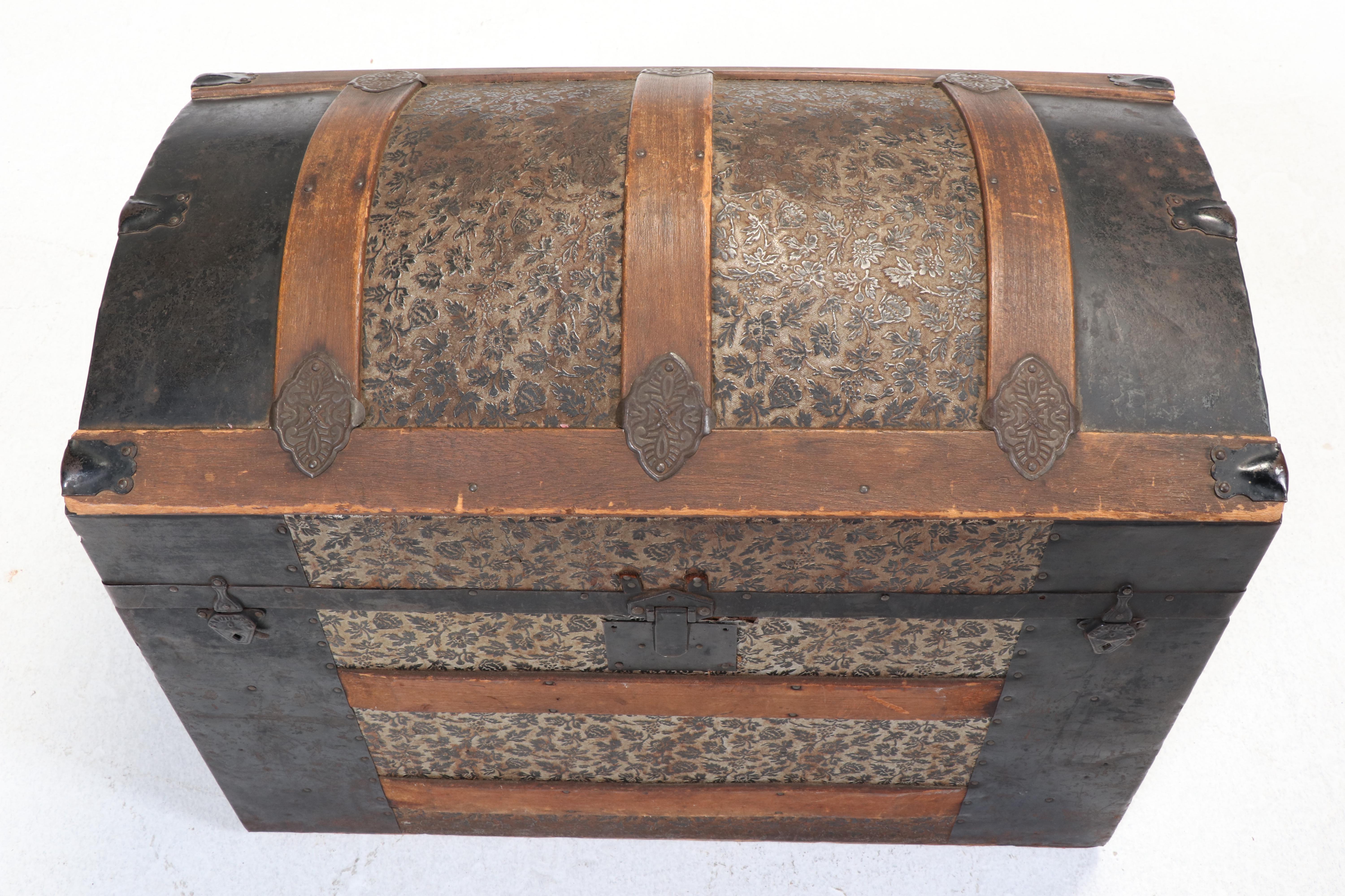 Late Victorian Metal-Clad and Slatted Wood Dome-Top Steamer Trunk