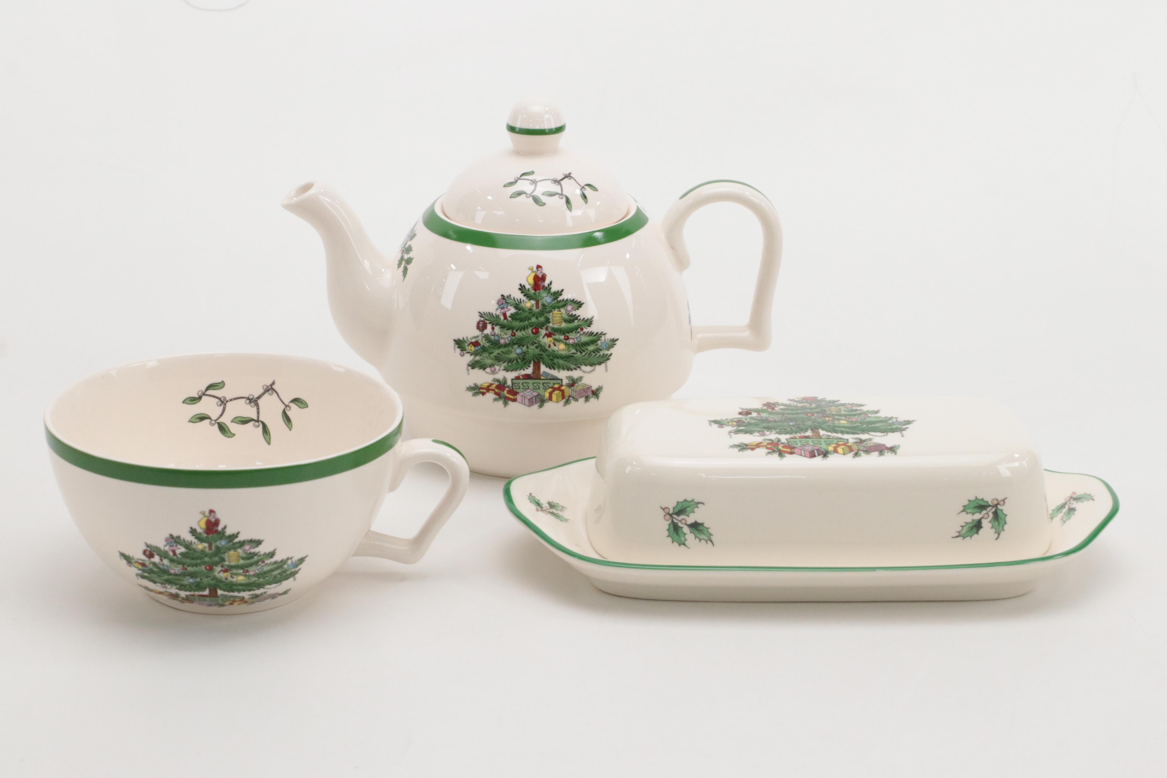 Spode "Christmas Tree" Ceramic Teapot and Cup Set with More