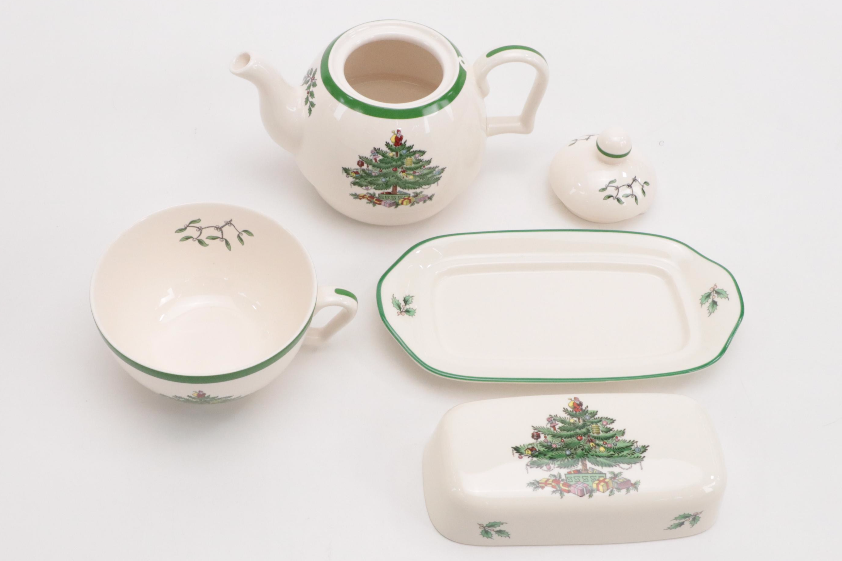 Spode "Christmas Tree" Ceramic Teapot and Cup Set with More