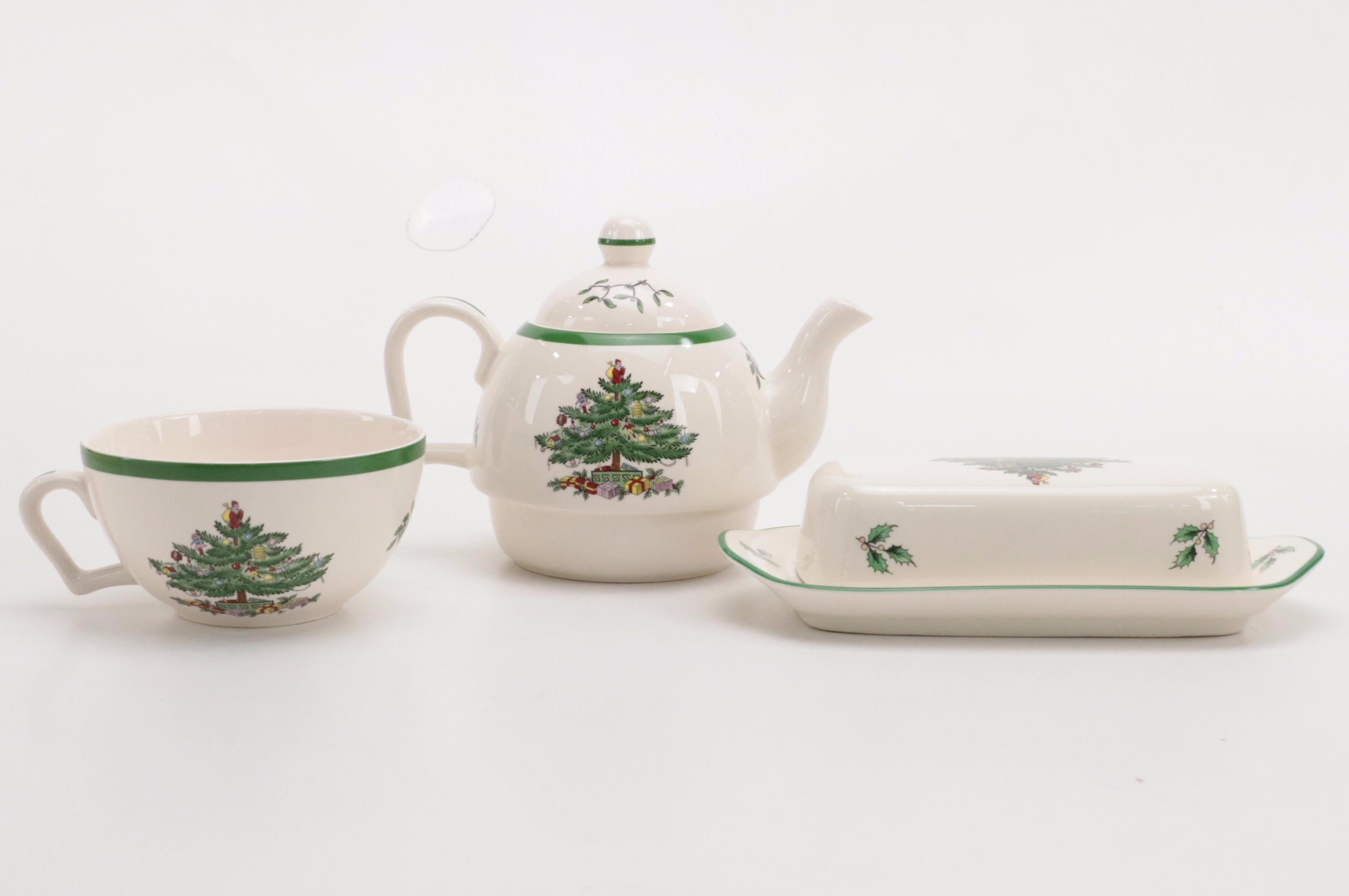 Spode "Christmas Tree" Ceramic Teapot and Cup Set with More