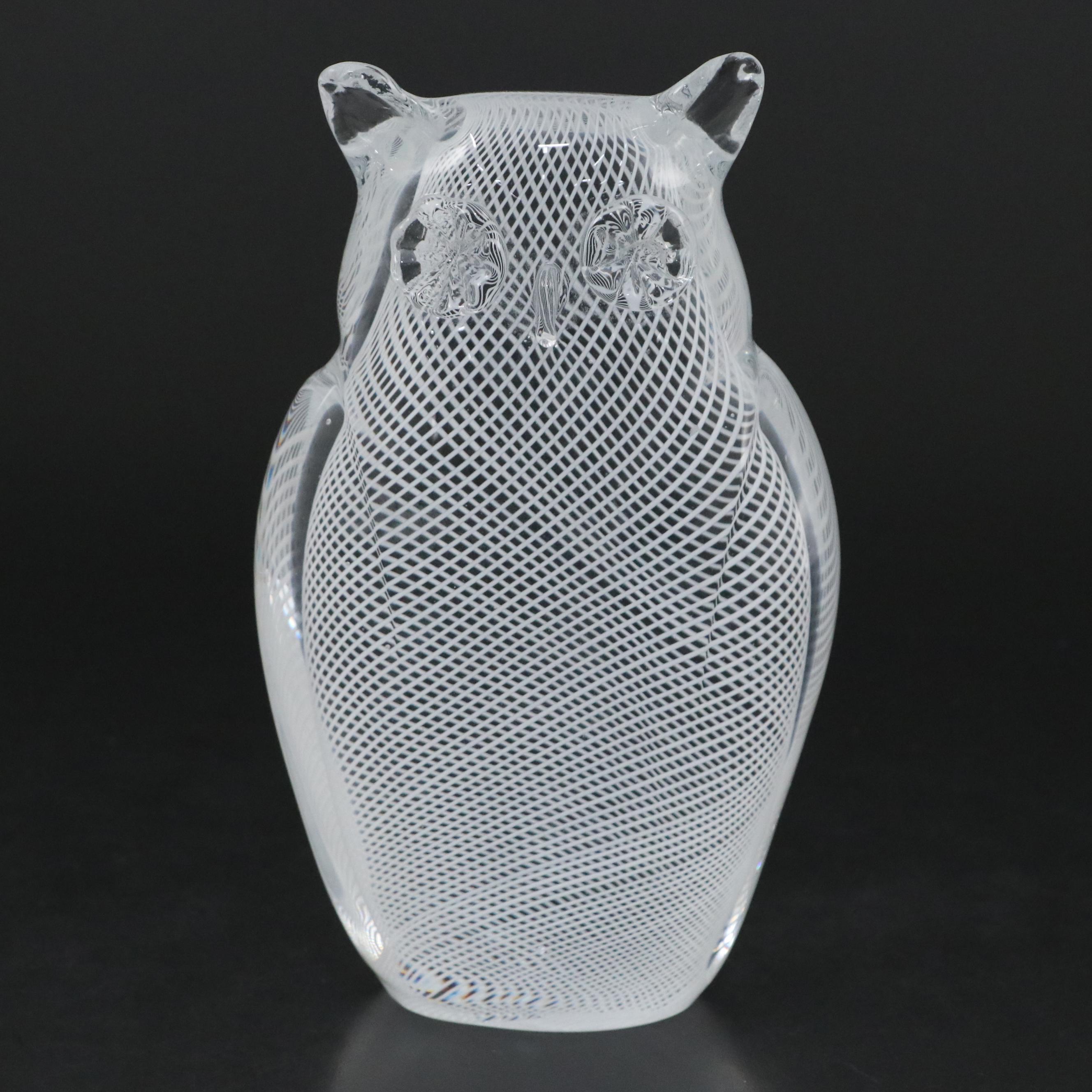 Oggetti Murano Handcrafted Lattimo Filigrana Art Glass Owl Sculpture