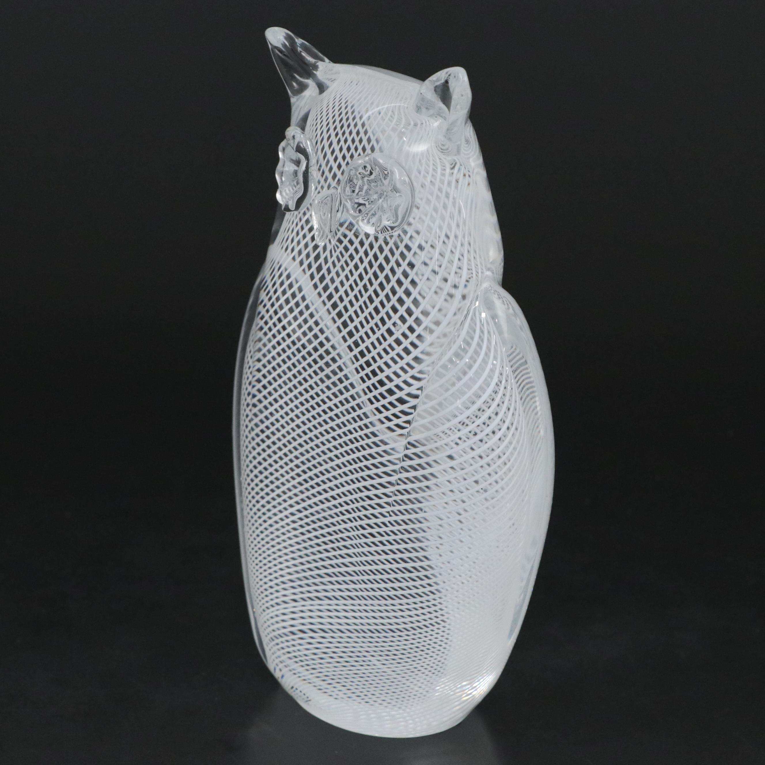 Oggetti Murano Handcrafted Lattimo Filigrana Art Glass Owl Sculpture