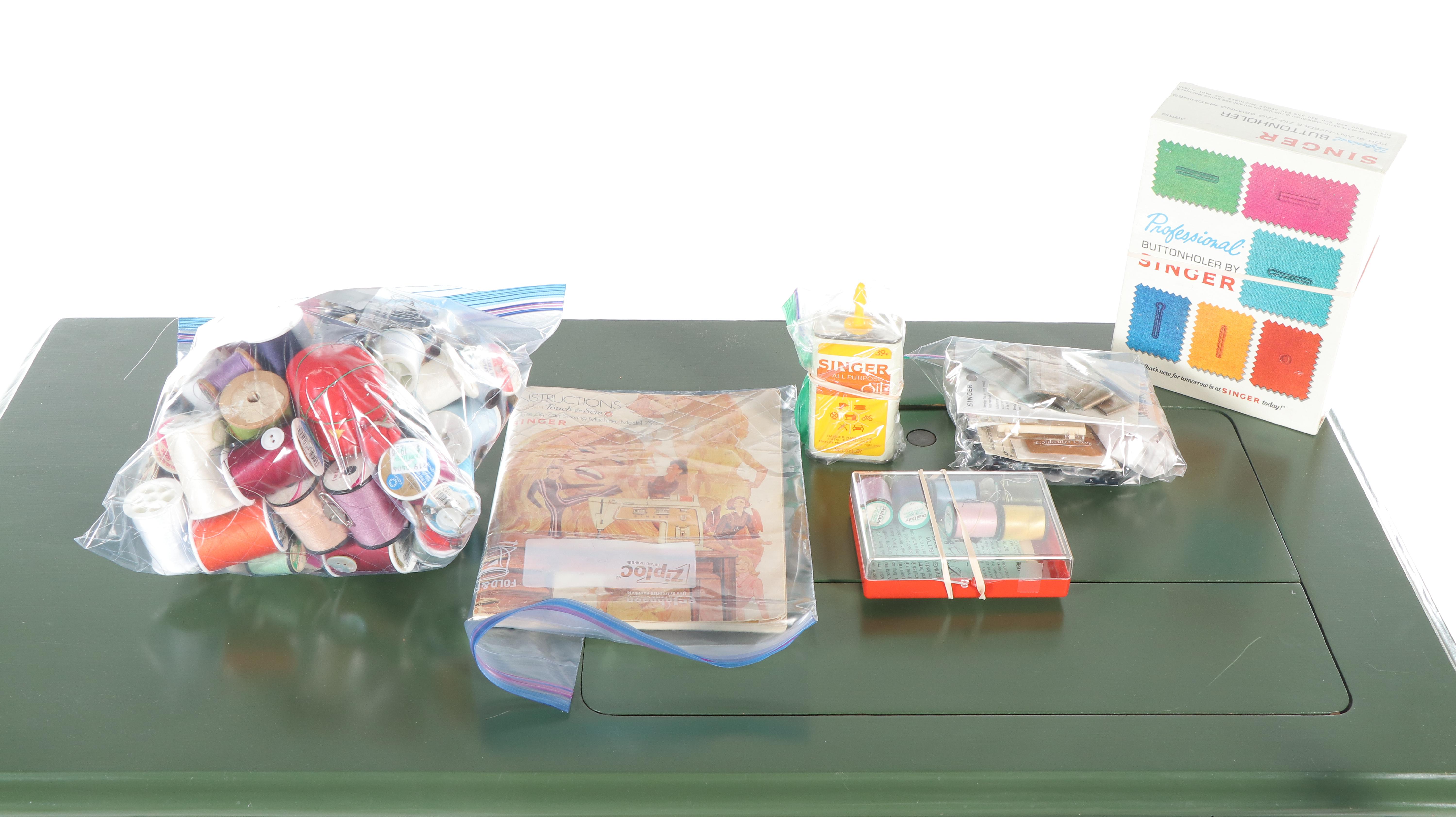 Singer Mid-Century Sewing Machine with Cabinet and Chair, Notions, Accessories