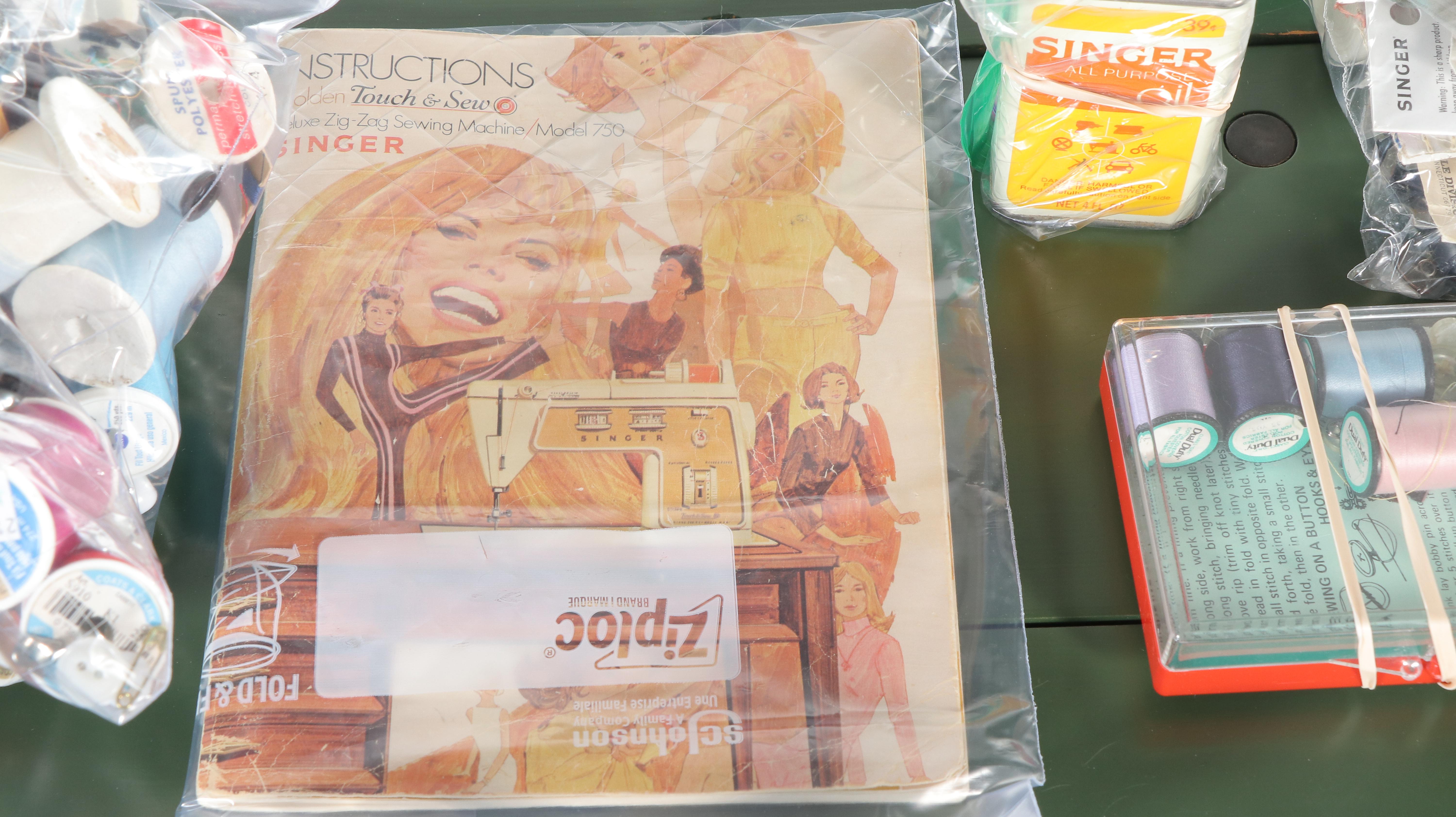 Singer Mid-Century Sewing Machine with Cabinet and Chair, Notions, Accessories