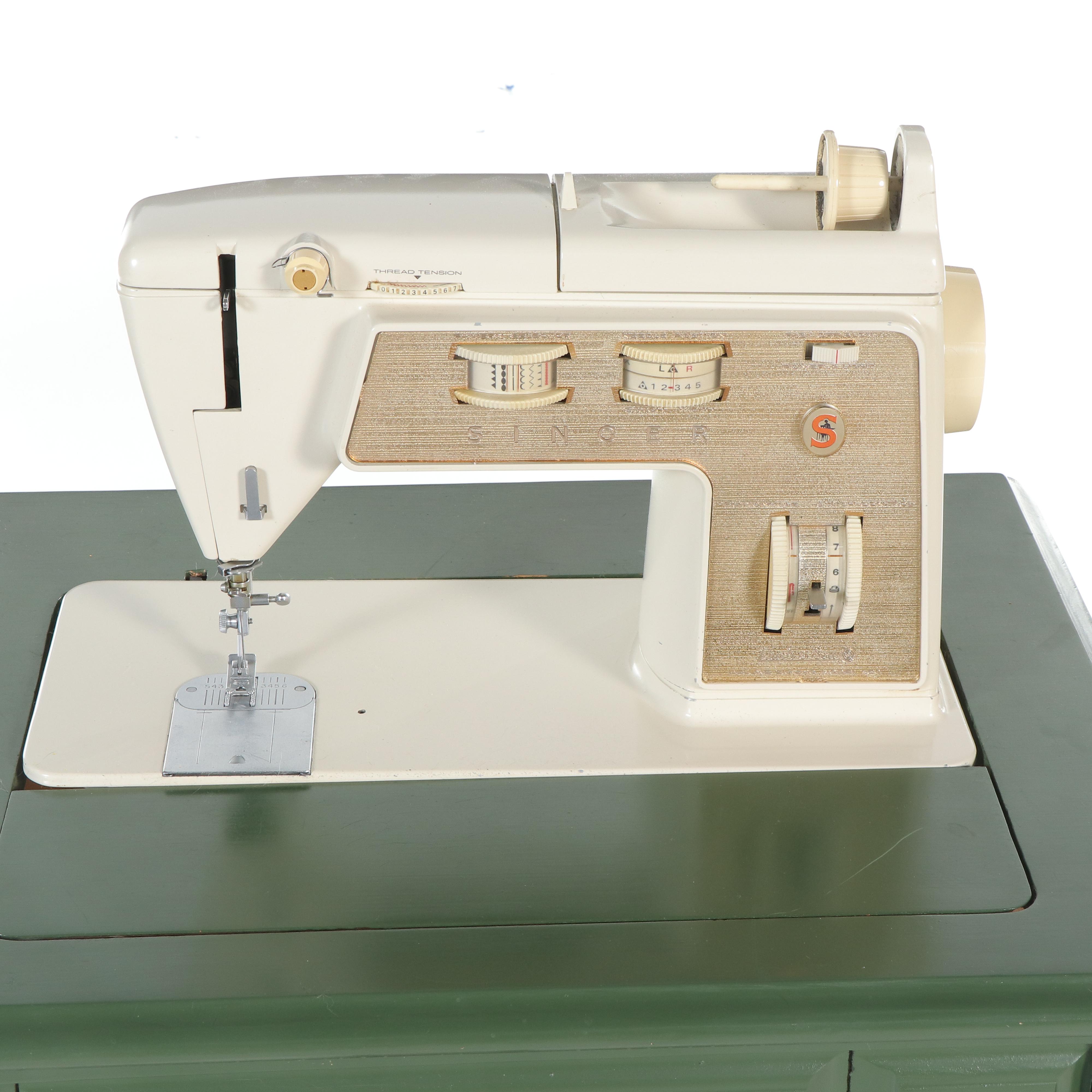 Singer Mid-Century Sewing Machine with Cabinet and Chair, Notions, Accessories