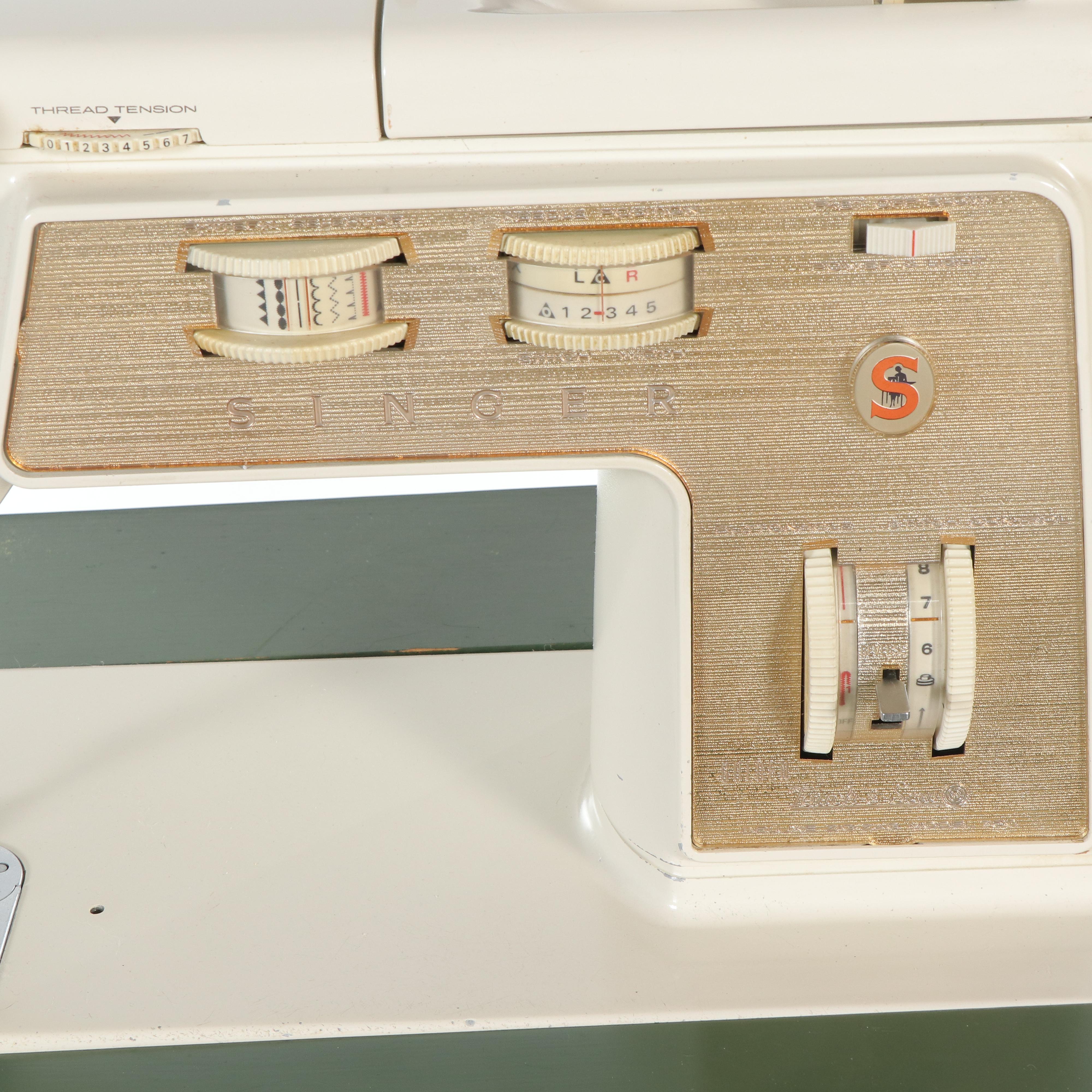 Singer Mid-Century Sewing Machine with Cabinet and Chair, Notions, Accessories