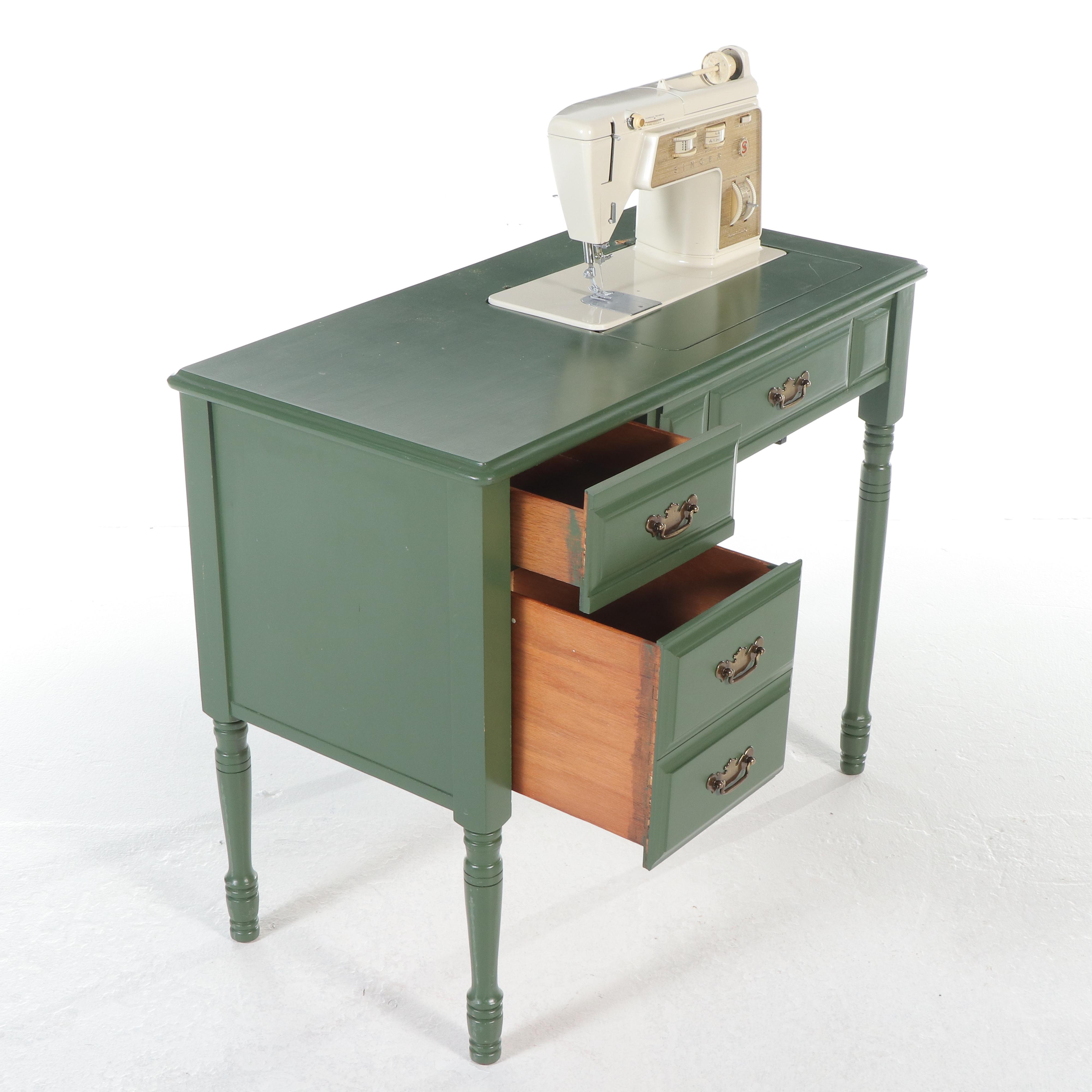 Singer Mid-Century Sewing Machine with Cabinet and Chair, Notions, Accessories