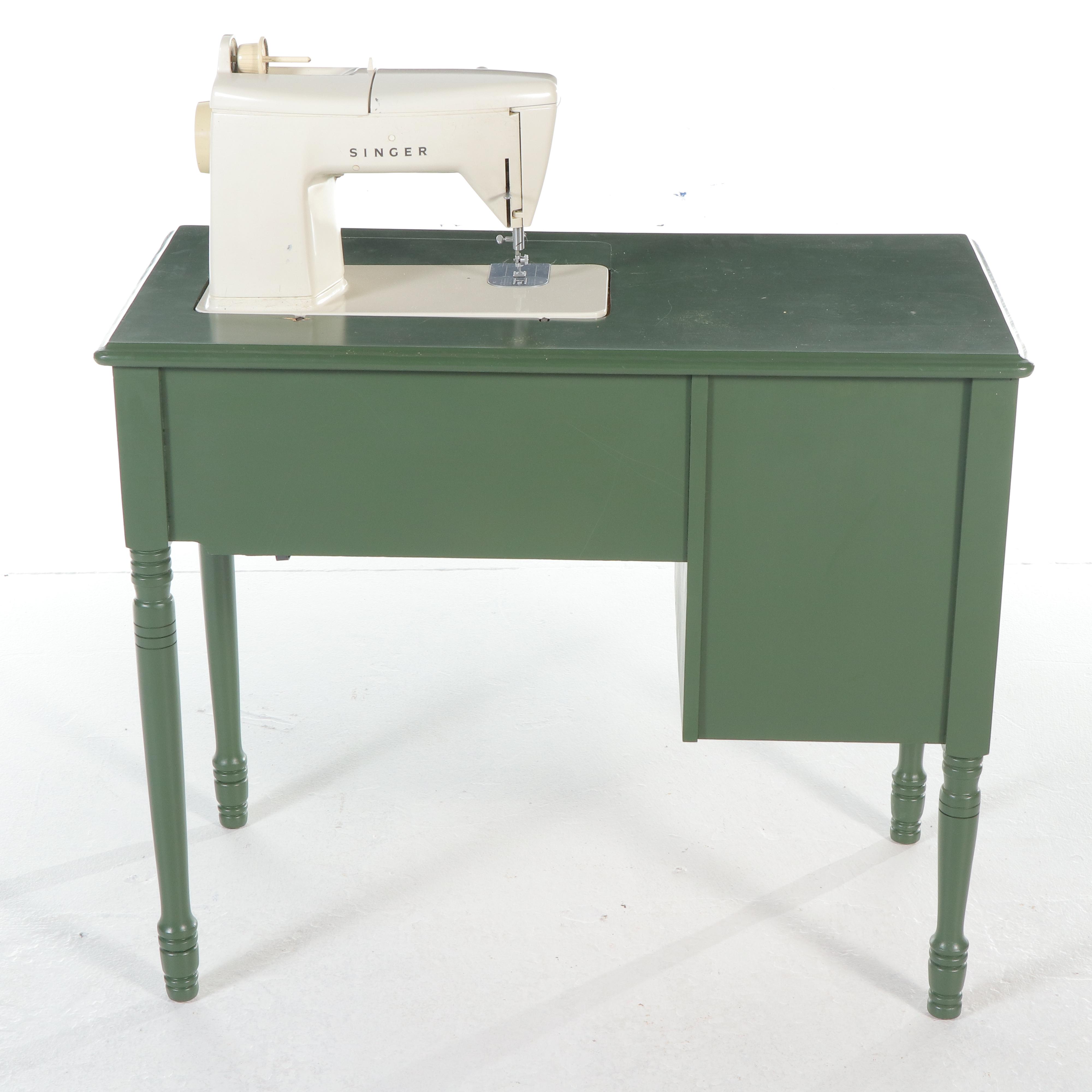 Singer Mid-Century Sewing Machine with Cabinet and Chair, Notions, Accessories