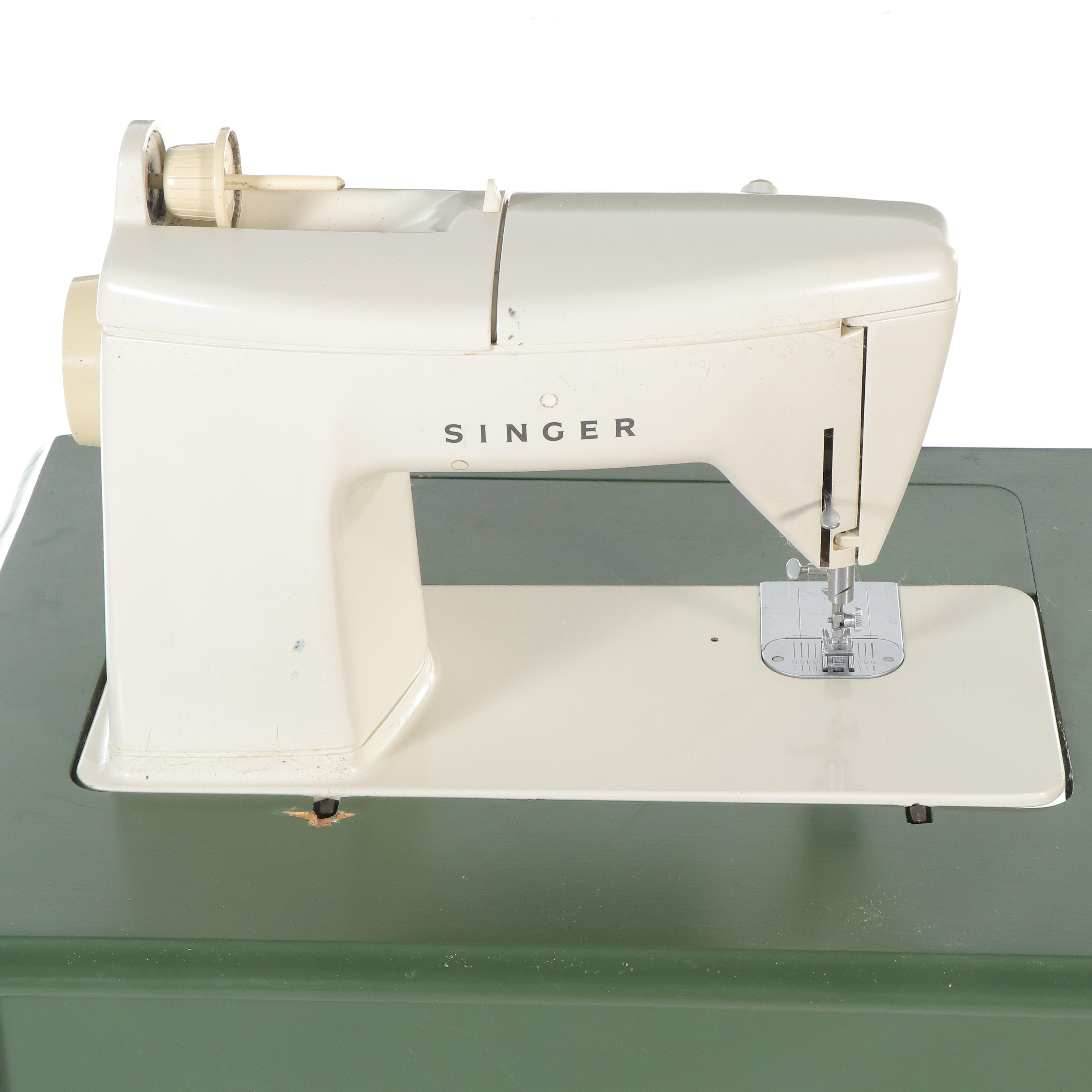 Singer Mid-Century Sewing Machine with Cabinet and Chair, Notions, Accessories
