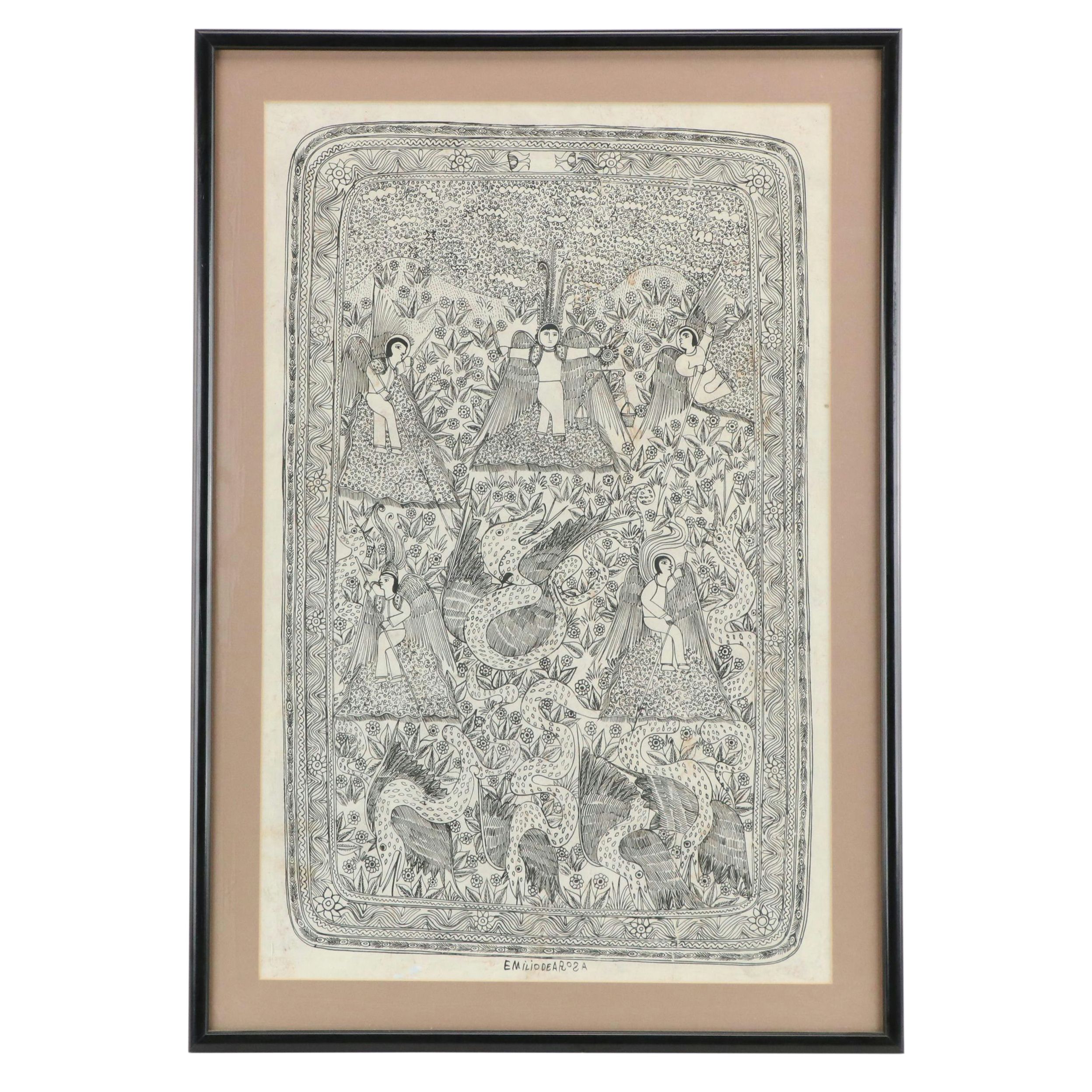 Emilio De La Rosa Allegorical Amate Bark Painting of Serpents and Angels