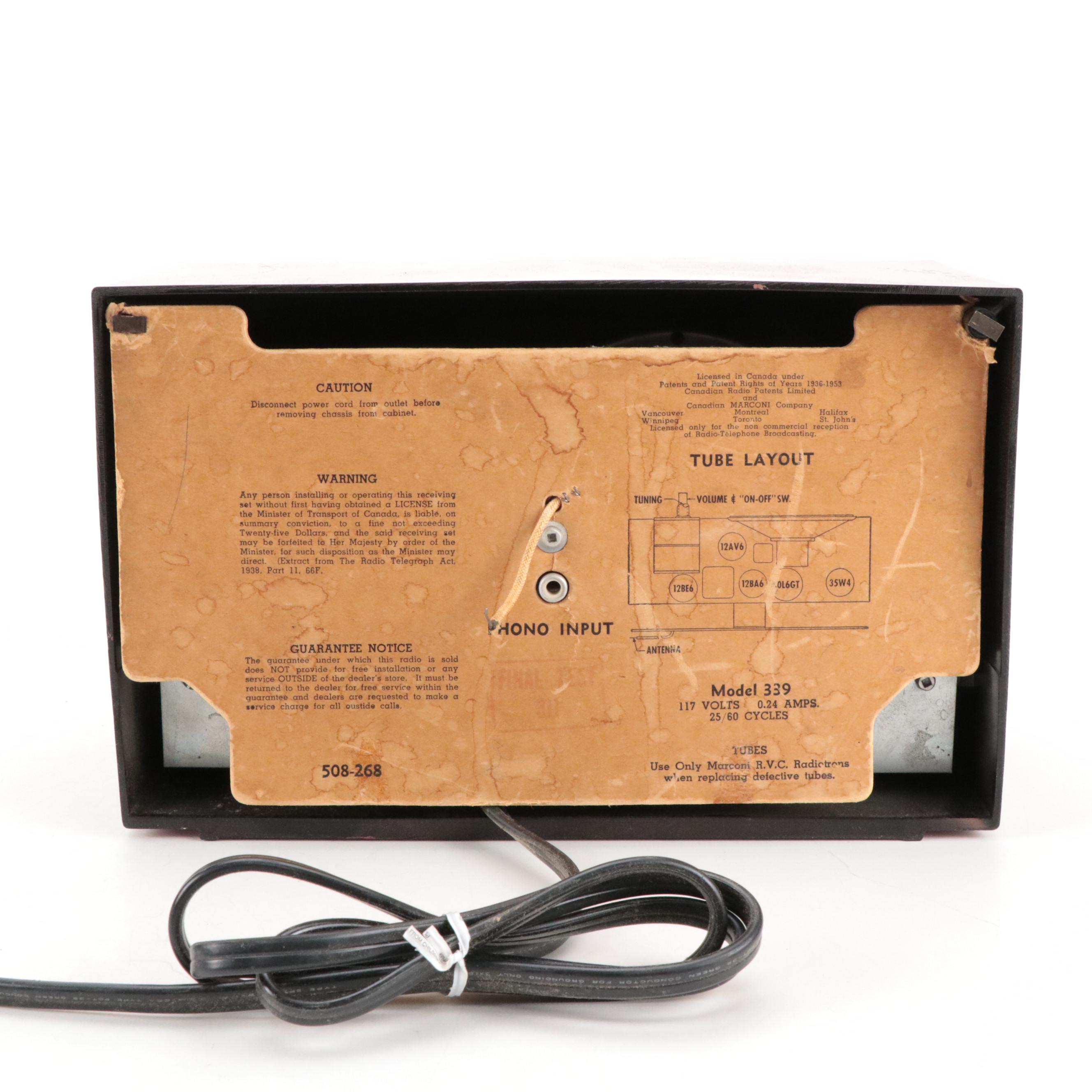 Marconi Model 339 Bakelite Broadcast Receiver Radio, Mid-20th Century