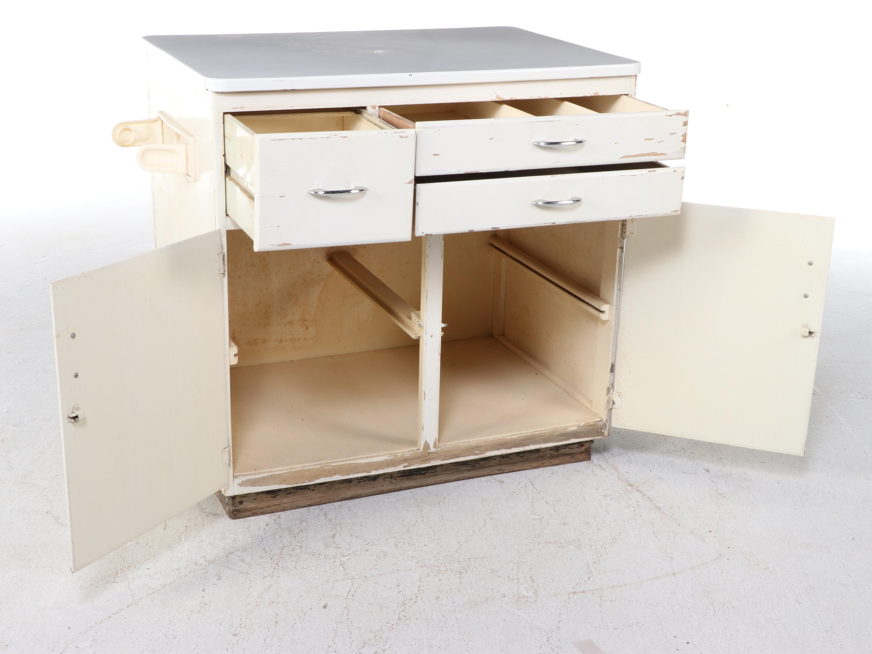 Art Deco Painted Wood and Enameled Metal Top Kitchen Cabinet, Circa 1930