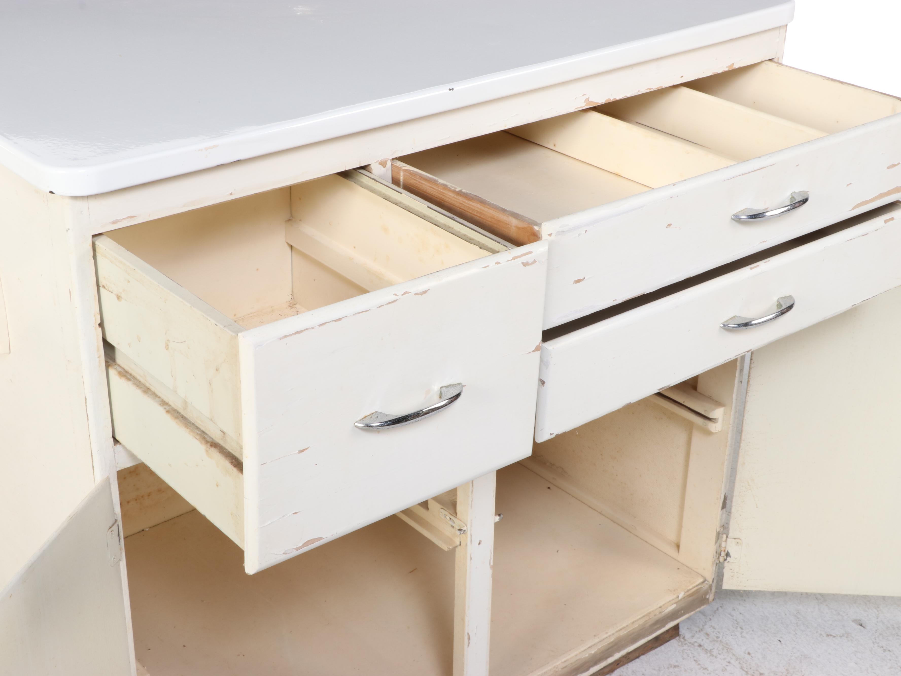Art Deco Painted Wood and Enameled Metal Top Kitchen Cabinet, Circa 1930
