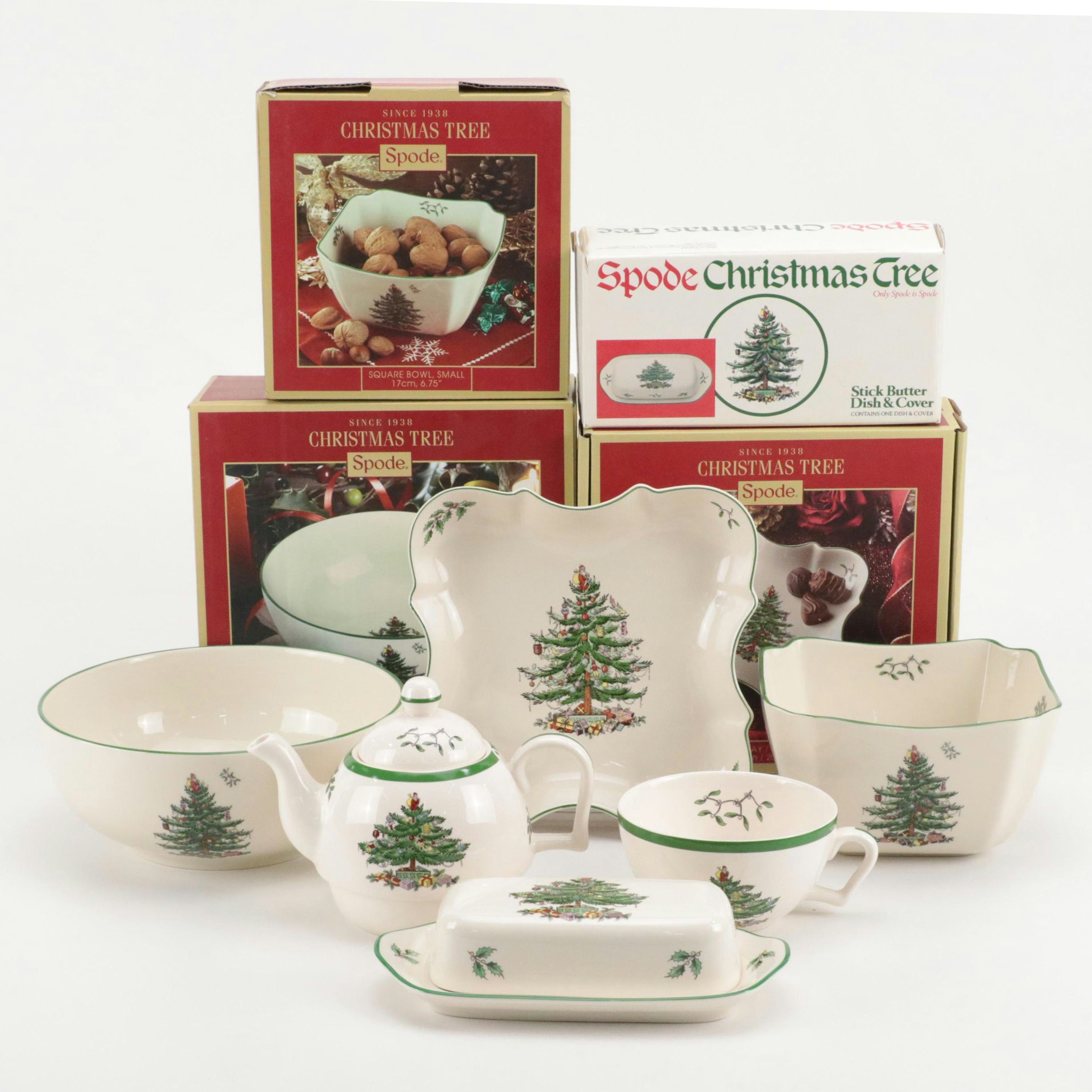 Spode "Christmas Tree" Ceramic Teapot and Cup Set with More