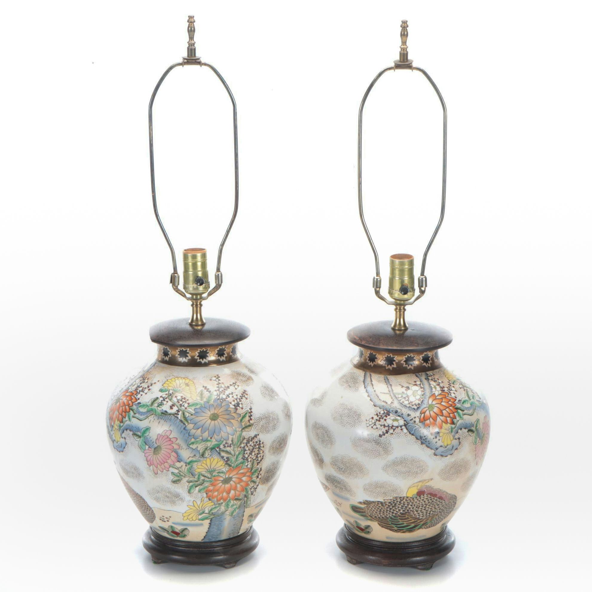 Chinese Hand-Painted Mandarin Duck and Chrysanthemums Porcelain Table Lamps