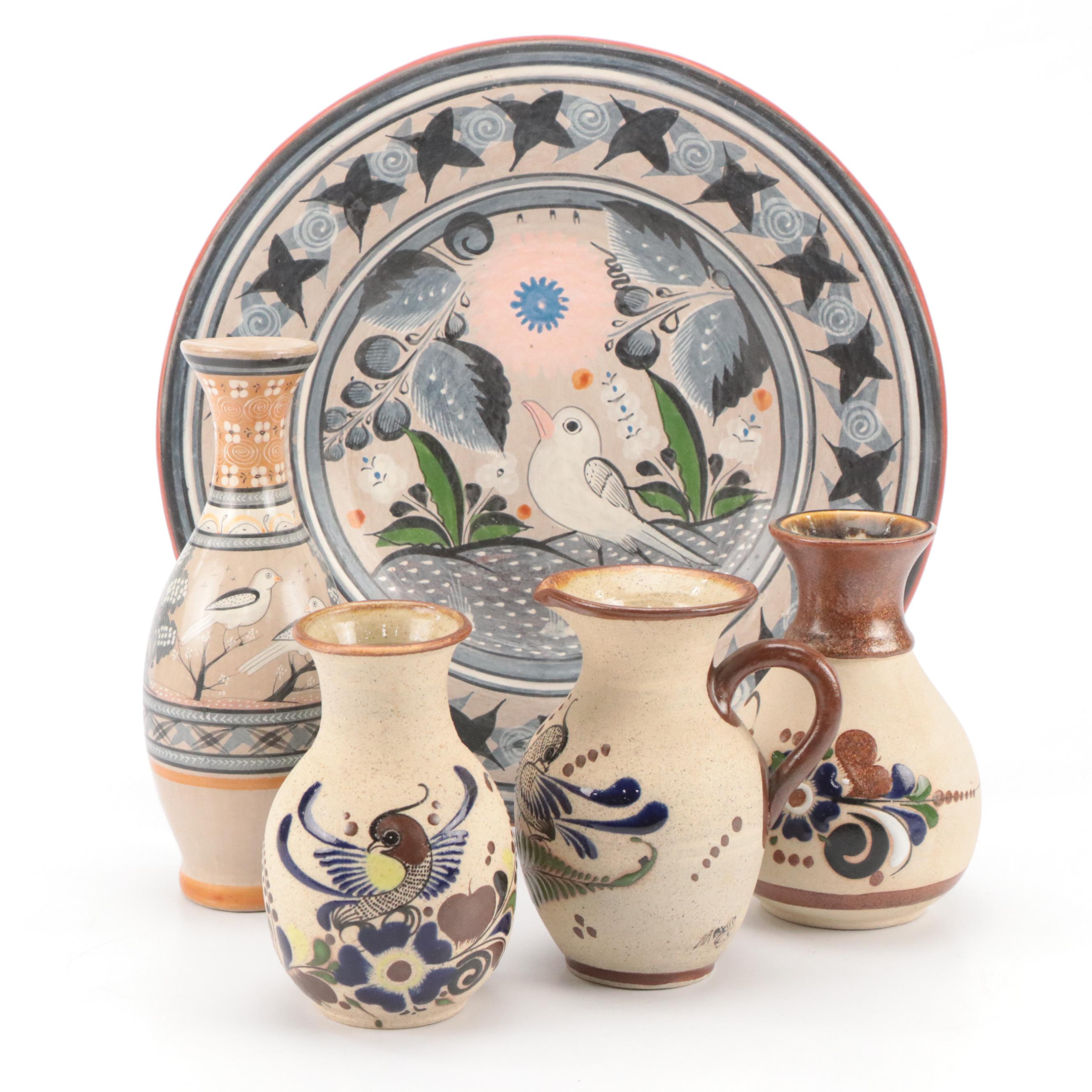 Mexican Tonala Folk Art Hand-Painted Ceramic Pitchers, Platter, and Vases