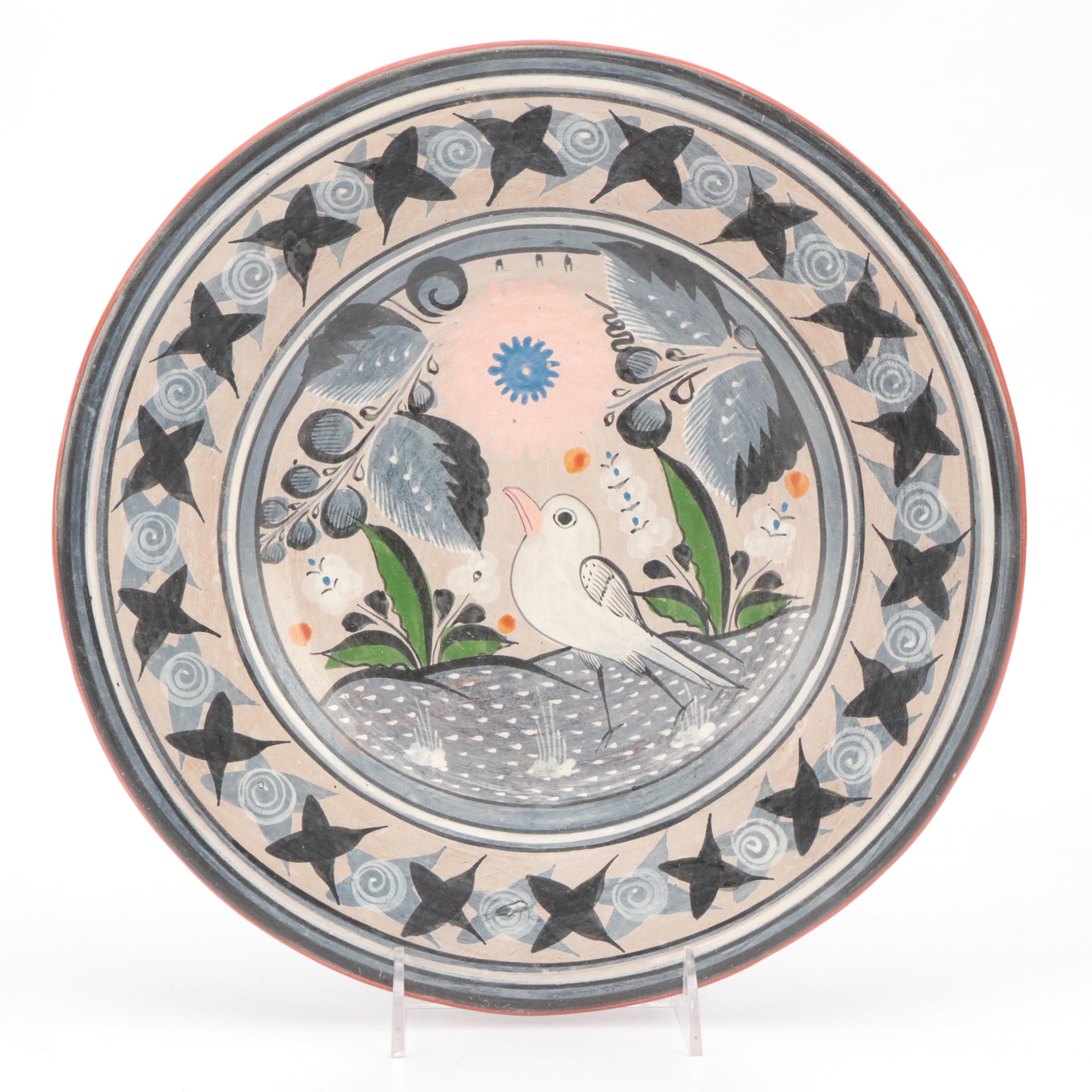 Mexican Tonala Folk Art Hand-Painted Ceramic Pitchers, Platter, and Vases